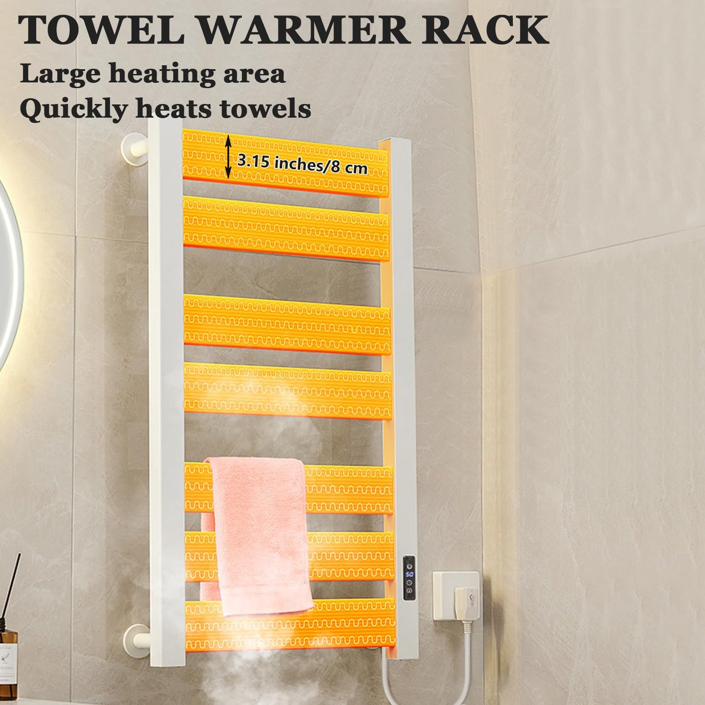 Towel Warmer Rack, Heated Towel Rack for Bathroom, Wall-Mounted Plug (Not Hardwired), Aluminum alloy/7 large area heating rods, With Timer and Temperature Adjustment, Overheat Protection Function