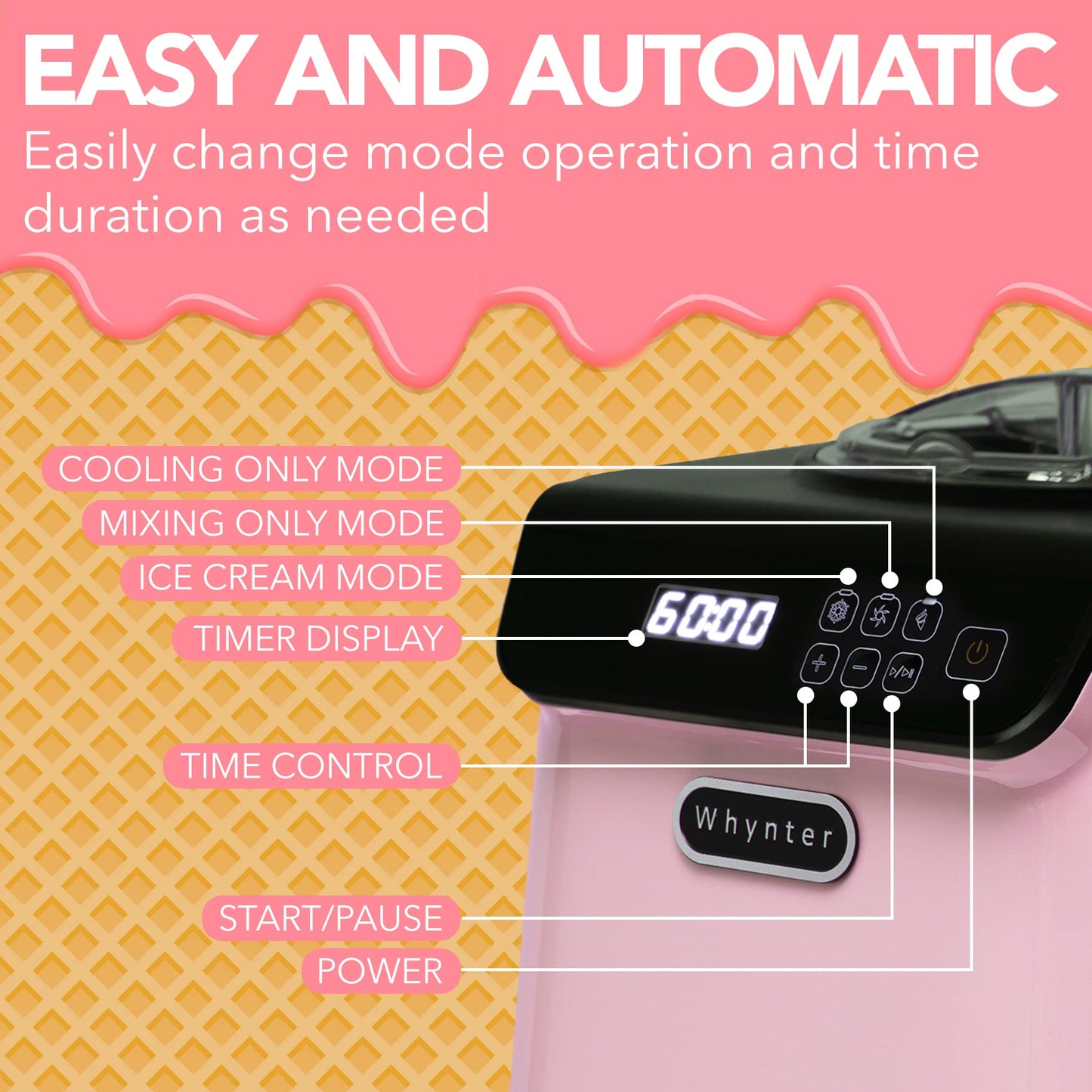 Whynter Ice Cream Maker Machine Automatic 1.28 Qt Upright with Built-In Compressor, LCD Digital Display & Timer, No Pre-Freezing, ICM-128BPS, Black/Pink