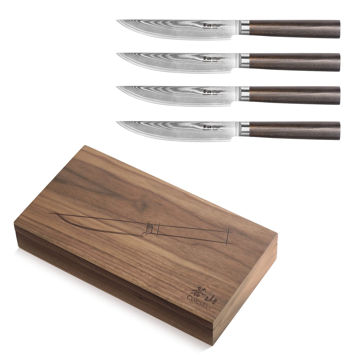 Cangshan HAKU Series 4-Piece Fine-Edge Steak Knife Set with Walnut Box, Forged X-7 Damascus Steel, 501141
