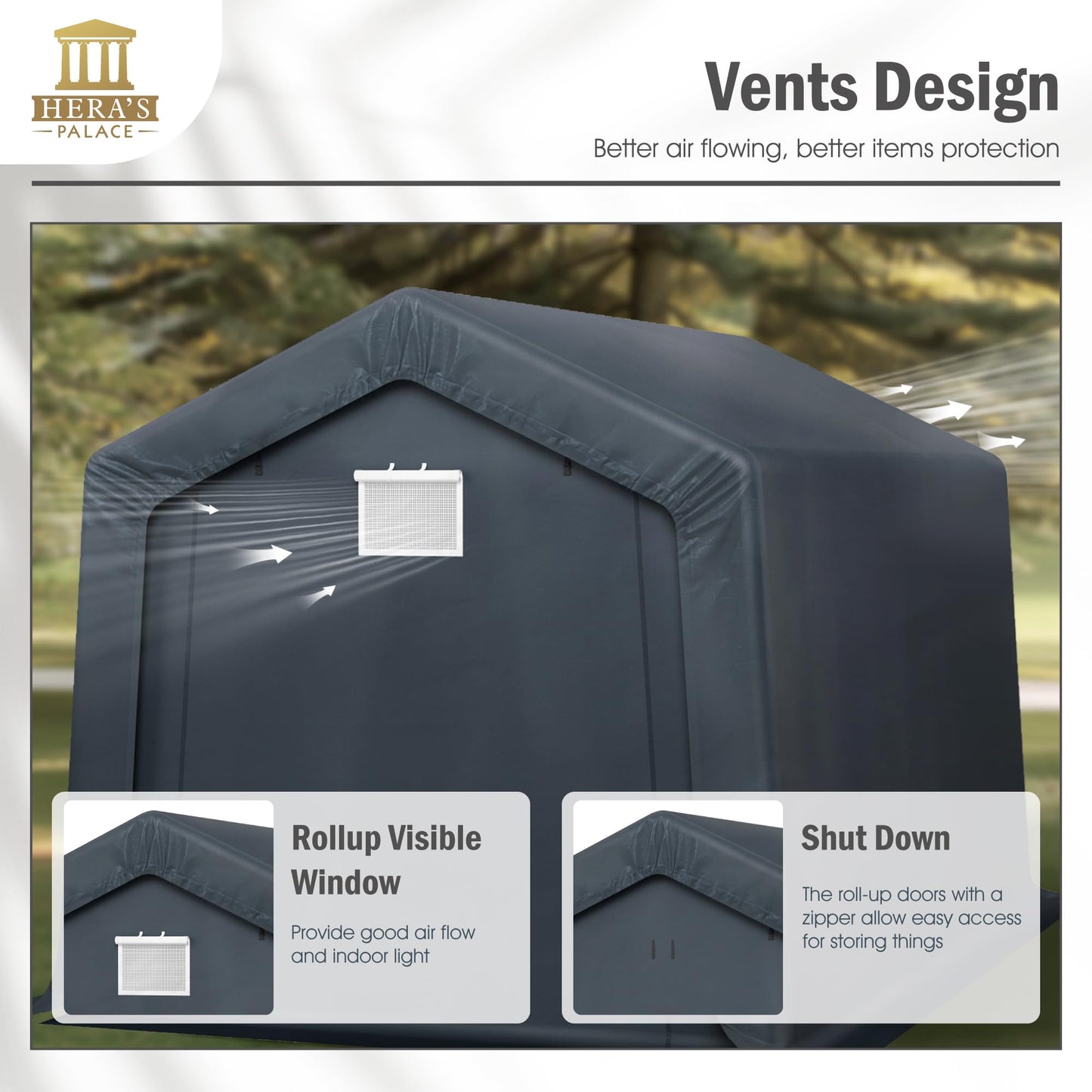 HERA'S PALACE 8x12ft Heavy Duty Carport Motorcycle Storage Shed Small Outdoor Anti-Snow Portable Canopy Shelter with 2 Doors Garage Tent for Garden Tools Bike