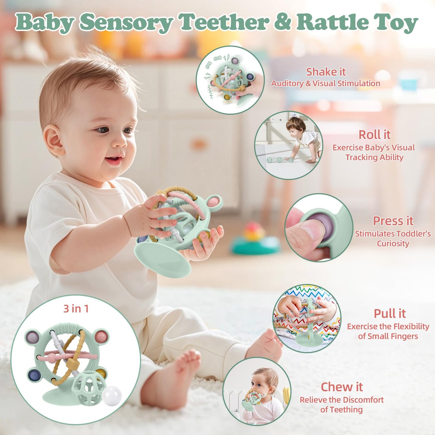 TYRY.HU Silicone Baby Teething Toys for Babies 0-6 6-12 Months, Multi Purpose High Chair Toys, Baby Suction Table Toys, Teething Relief Chew Toy, Sensory Rattle Toy with Textures for Infants, Green