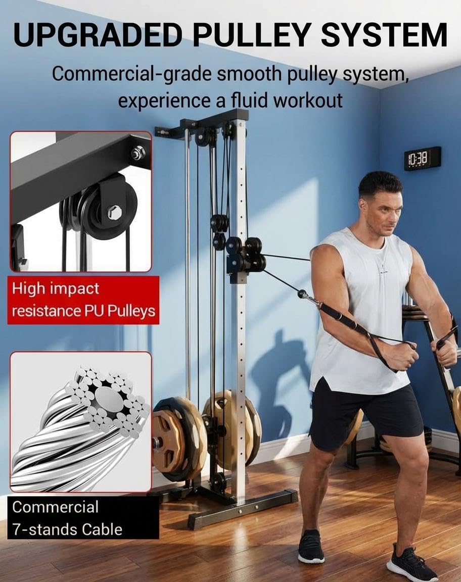 Wall Mounted Cable Machine for Home Gym, 19-Position High & Low Cable Machine with Dual Pulley System,LAT Pulldown, 400Lb Capacity, Space Saving Strength Training Equipment for Garage & Home