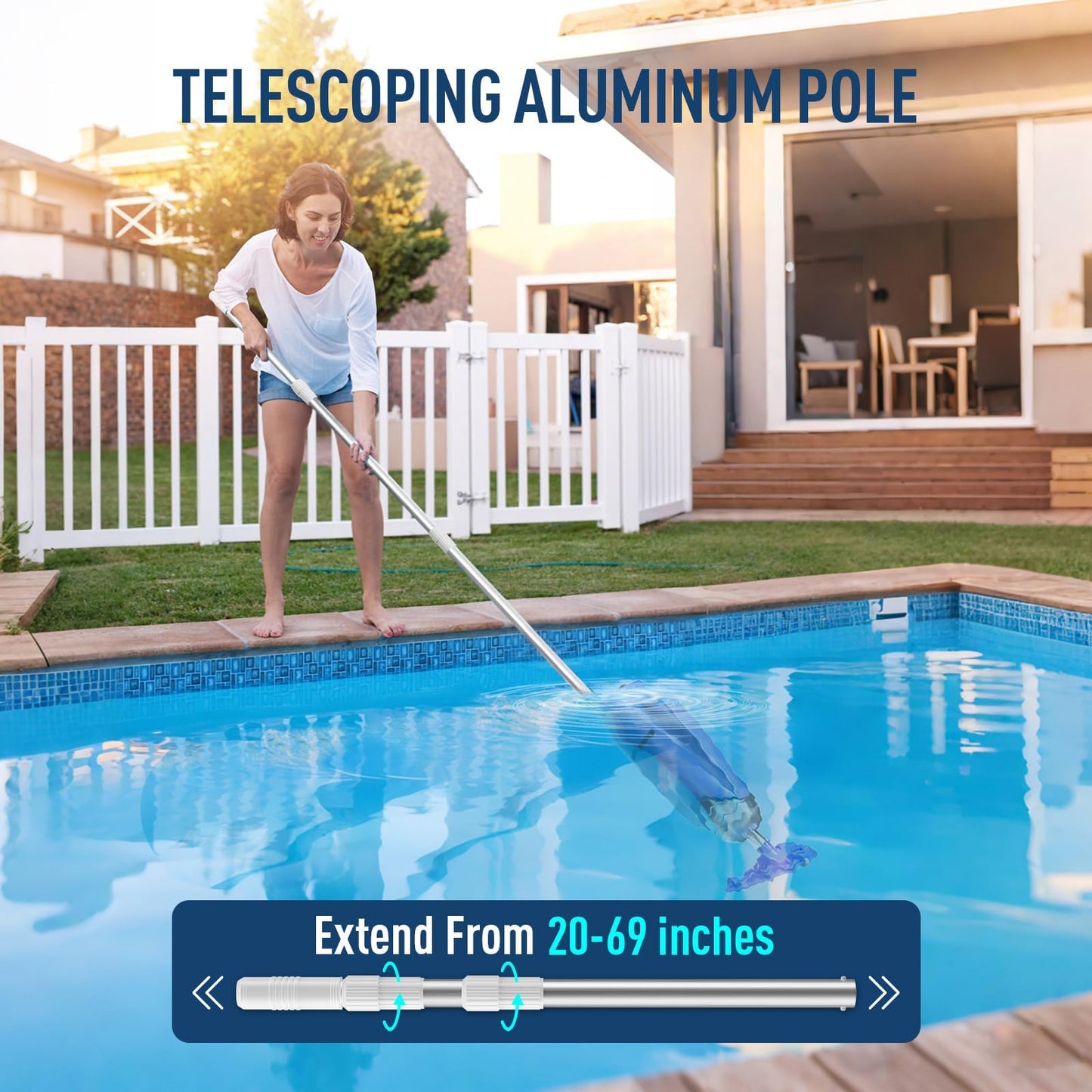 Pool Vacuum for Above Ground Pool 18.5GPM Suction- Upgraded Cordless Handheld Rechargeable Pool Cleaner w/Telescopic Pole(20-69in), 2 Brush Heads Ideal for Inground Pools Spas Hot Tubs