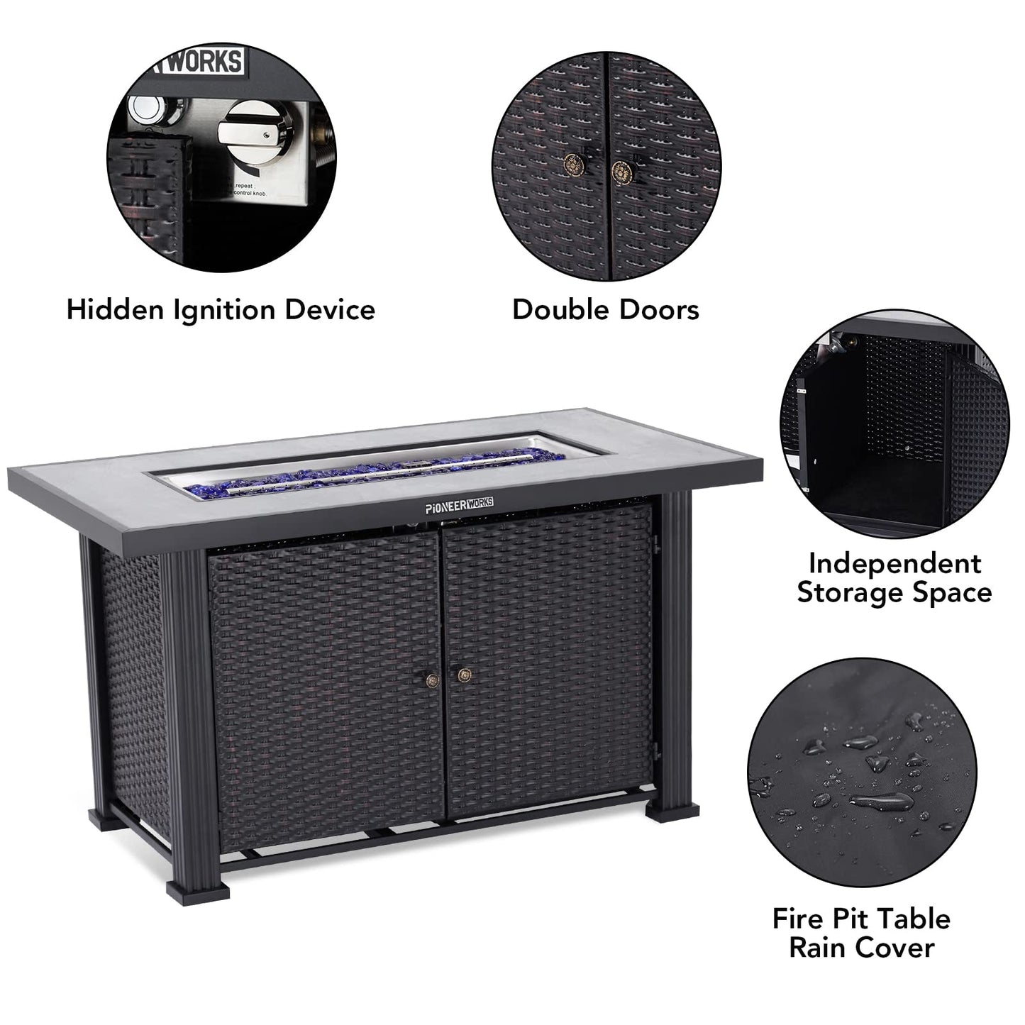44 in Propane Fire Pit Table (Double Door), 50000BTU Rectangle Fire Table with Cover & Rain Cover, Sturdy Steel and Iron Fence Surface, CSA Safety Certified, Companion for Your Garden