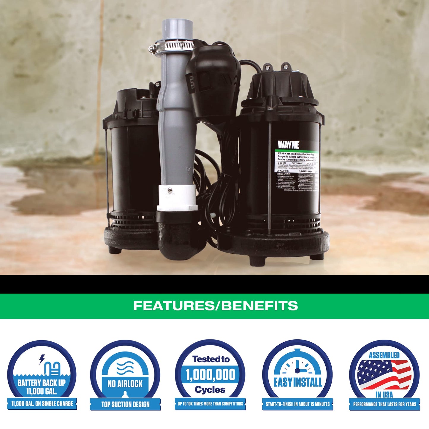 WAYNE - 1/2 HP Sump Pump with Integrated Vertical Float Switch and 12 Volt Battery Back Up Capability, Battery Not Included - Up to 5,100 Gallons Per Hour - Heavy Duty Basement Sump Pump System