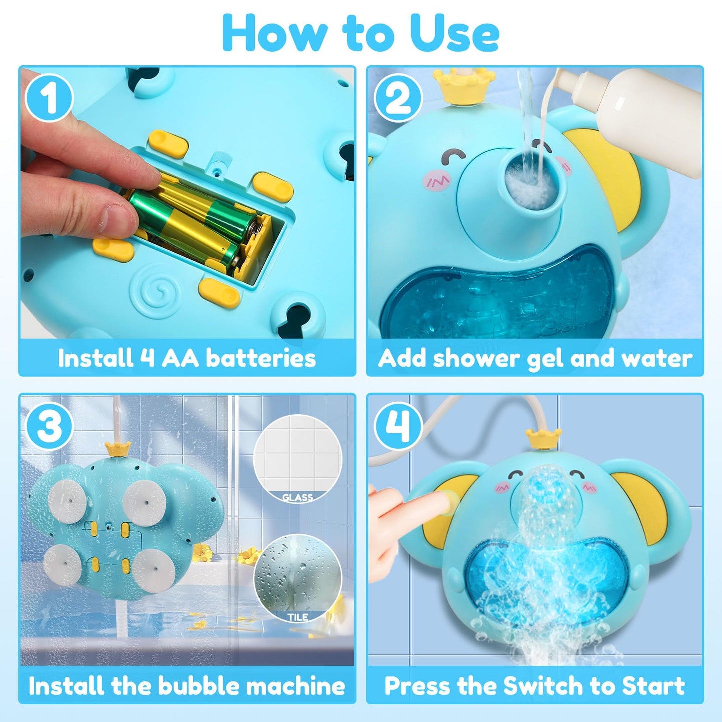 Bath Toys Light Up Elephant Baby Bubble Bath Toys 2 in 1Bath Bubble Machine with Baby Bath Shower Head for Kids Ages 1-3 4-8 Bath Bubble Maker with Colourful Light