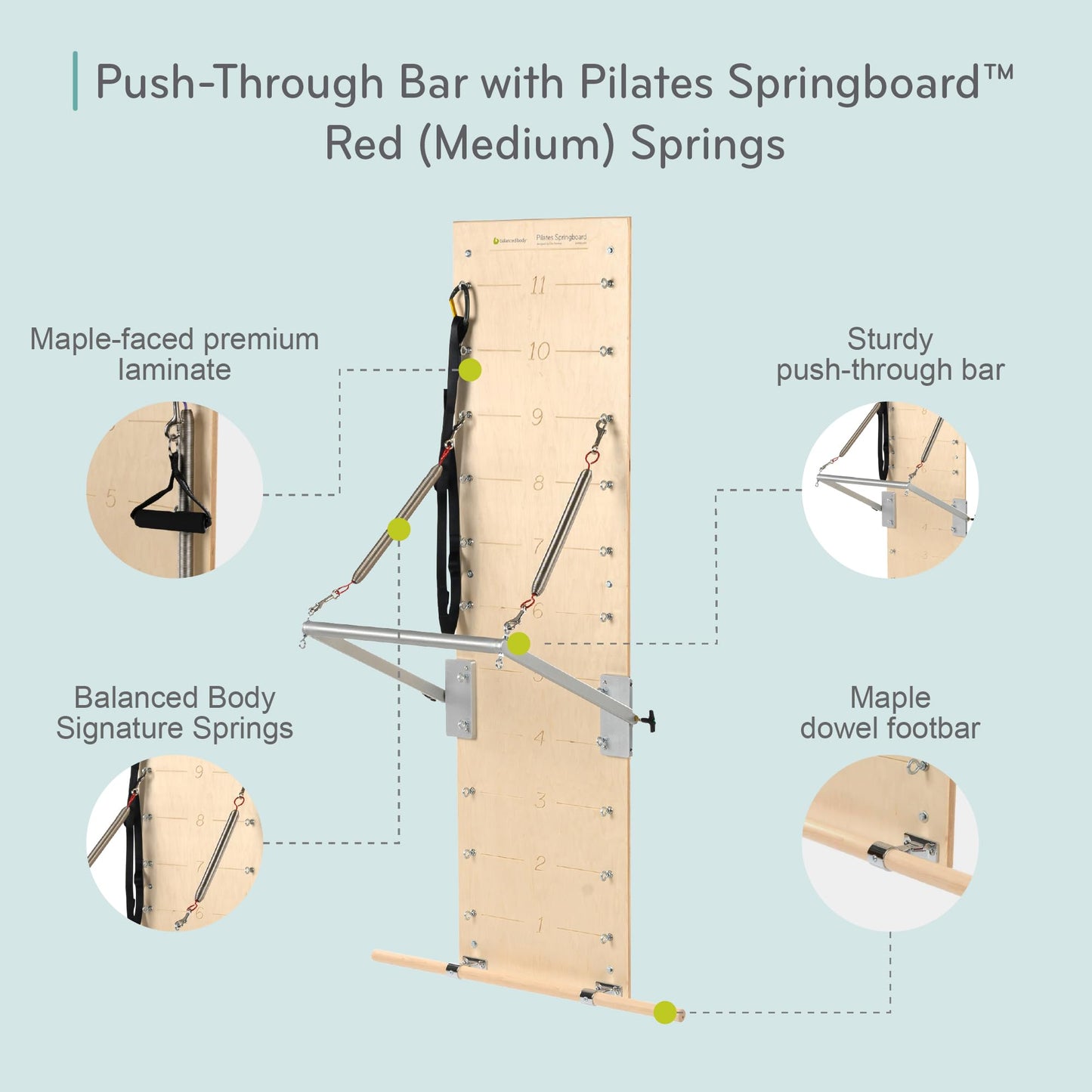 Balanced Body Pilates Springboard and Push-Through Bar, Wall-Mounted Pilates Workout Equipment for Home Gym or Studio Use, Pilates Exercise Equipment with Medium Resistance Springs