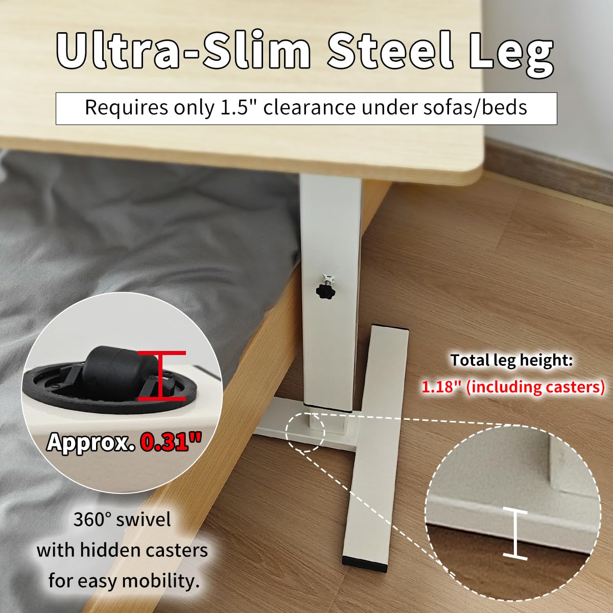 lumizone Foldable Overbed Table with Wheels Adjustable Height Bedside Desk 27.56"-36.61" Rolling Hospital Bed Table with Casters Medical Tray for Home Use Desk Over The Bed