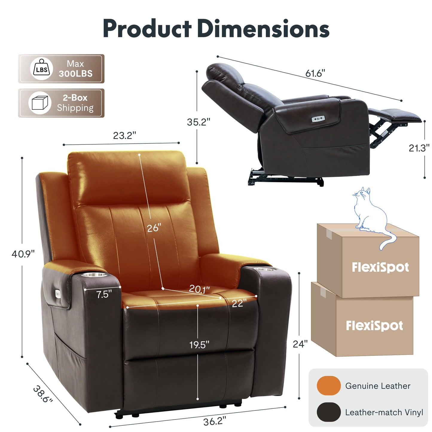 FLEXISPOT Truffle Genuine Leather Power Recliner w/ 1.2" Wall-Hugger Clearance, Electric Zero-Wall RV Recliner w/Adjustable Headrest, Massage & Heat, Home Theater Sofa, FSC-Certified, Chocolate