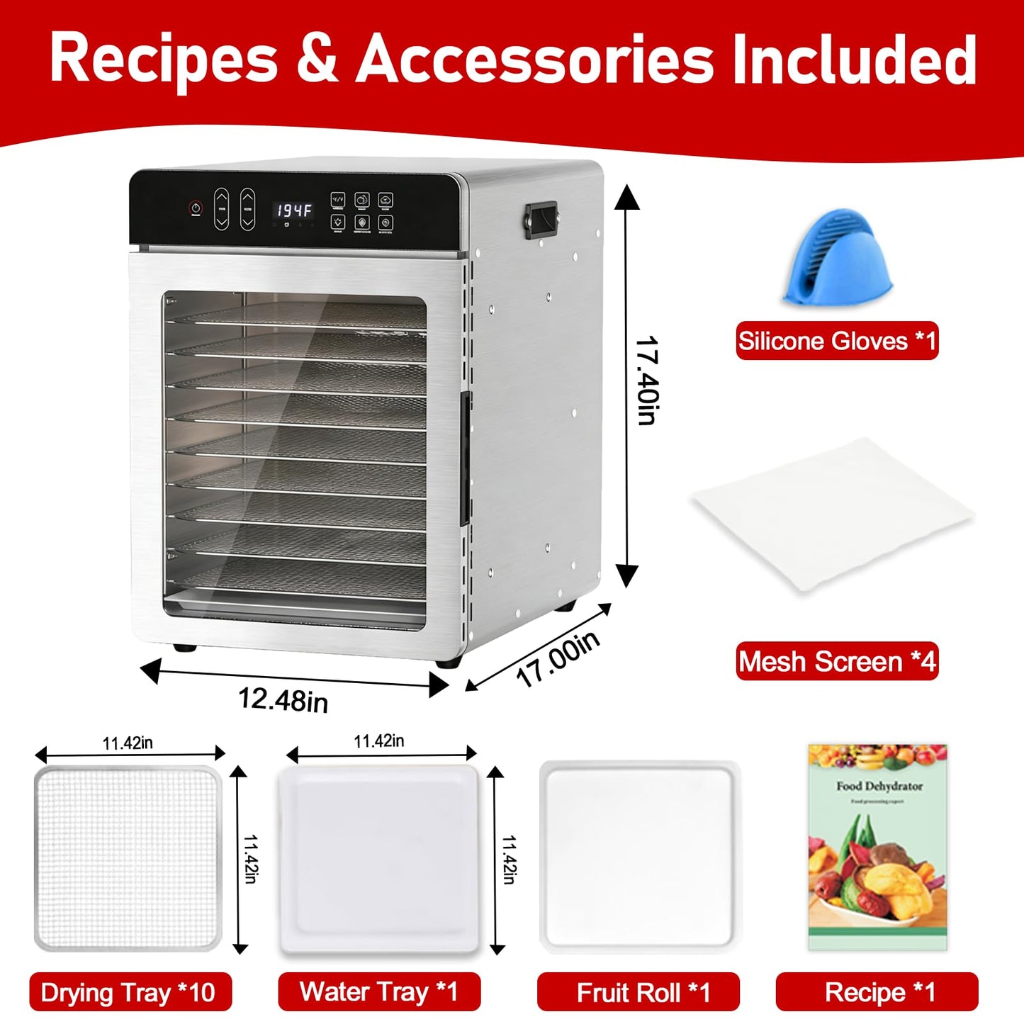 Food Dehydrator with 10 Stainless Steel Trays, 800W Dehydrator with 194℉ Temperature Control & 24H Digital Timer, Low Noise, 4 Presets, for Jerky, Herbs, Yogurt, Dog Treats