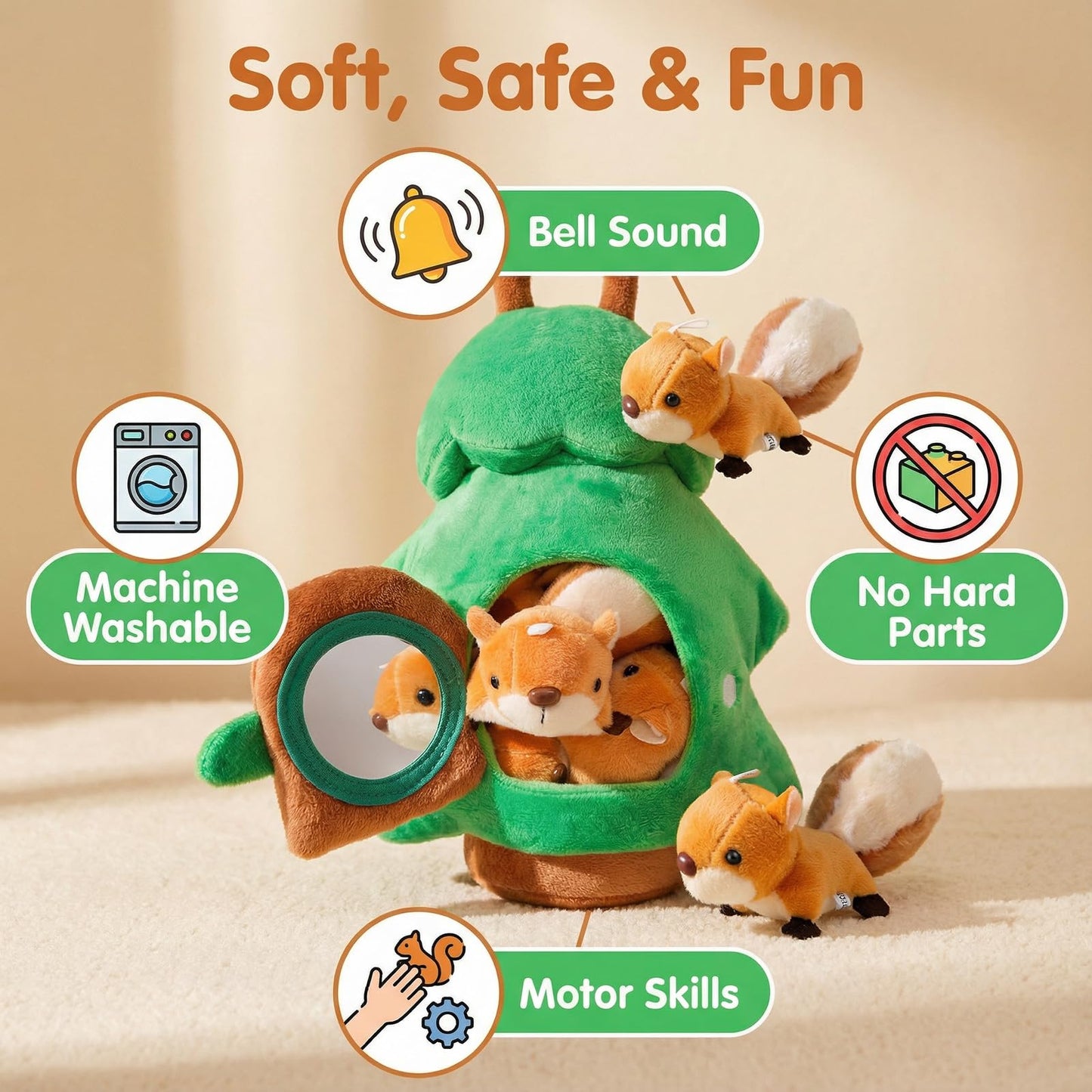 Squirrel Tree Baby Sensory Toy for 6-12 Months, Montessori Plush Hide and Seek Toy for Toddlers 1-3, Infant Developmental Stuffed Animal Playset with 5 Squirrels, Newborn Gift for Boys Girls