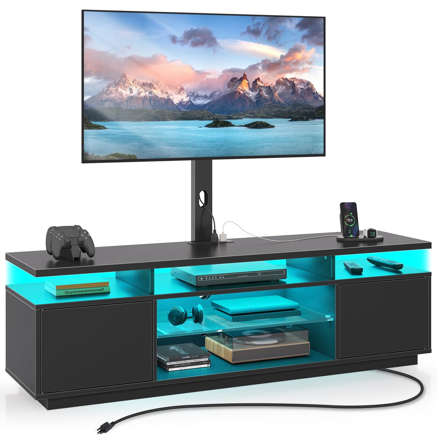 Rolanstar TV Stand with Mount and Power Outlet 59.1", Swivel TV Stand Mount for 32/45/55/60/65/70 inch TVs, Height Adjustable Modern Entertainment Center with Storage & LED Lights, Black TV Table
