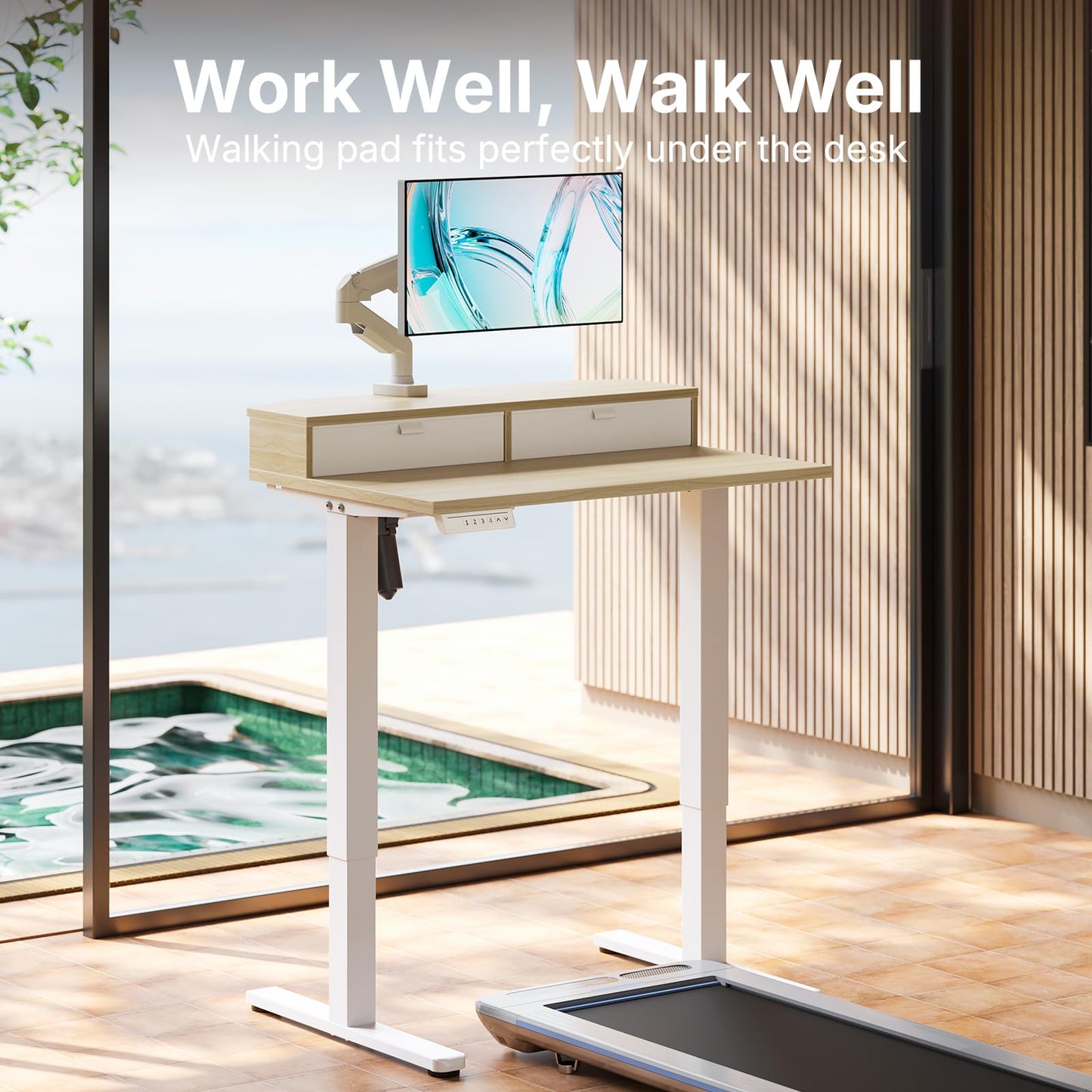 HUANUO 32 x 21 inch Small Electric Standing Desk with 2 Drawers, C-Clamp Mount Compatible, Height Adjustable Sit Stand Desk, Home Office Stand Up Desk with 4 Memory Height Settings, Light Walnut
