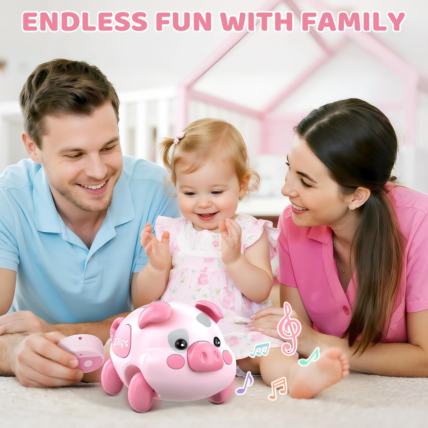 Baby Musical Toys for 6-12-18 Months, Musical Piggy Toys for Toddler 1 Year Old Baby Girl, Infant Crawling Light up Music Toys for Tummy Time Development, 1st Birthday Gift for Boy 7 8 9 10+ Month