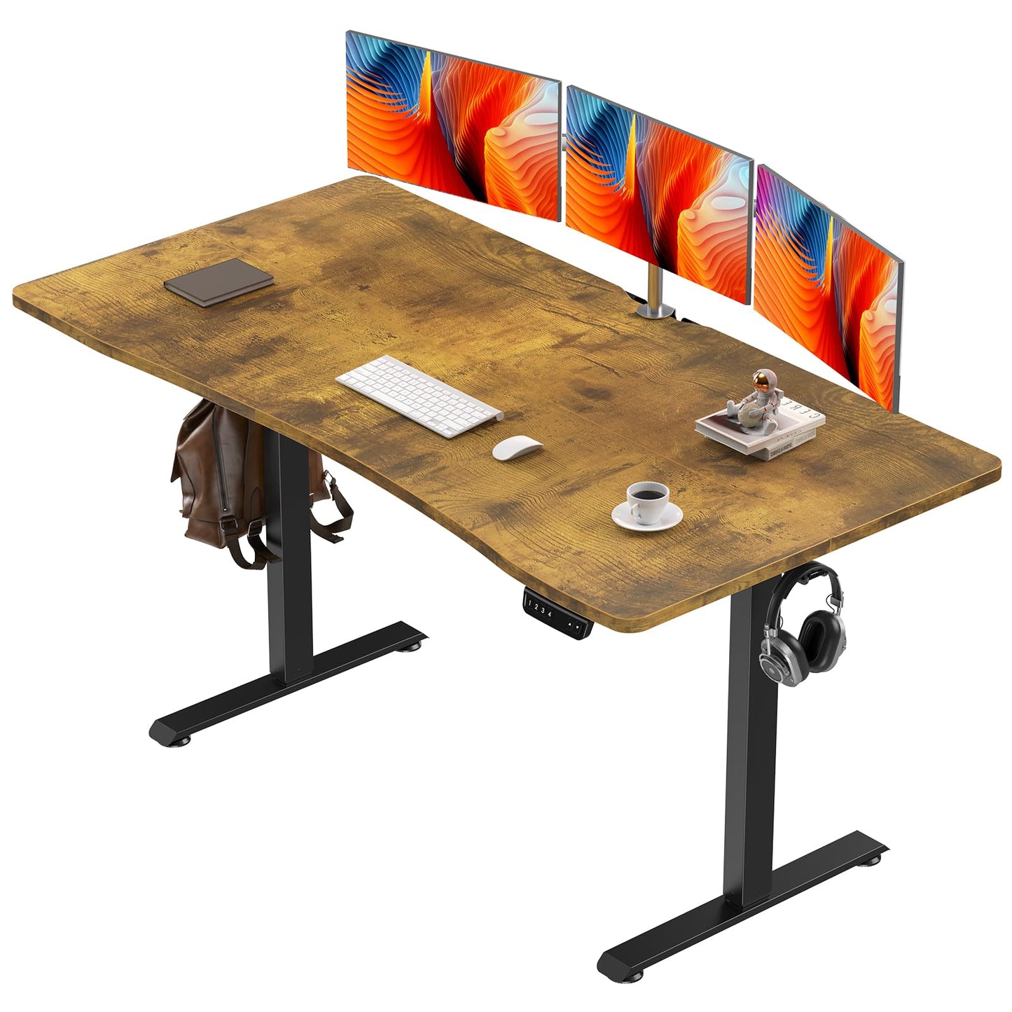 Veken 55 x 28 Inch Electric Standing Desk, Sit to Stand Up, Work Home Office Computer Table for Study, Walking Pad, Writing, and Games, Wooden Desktop Desks, Brown
