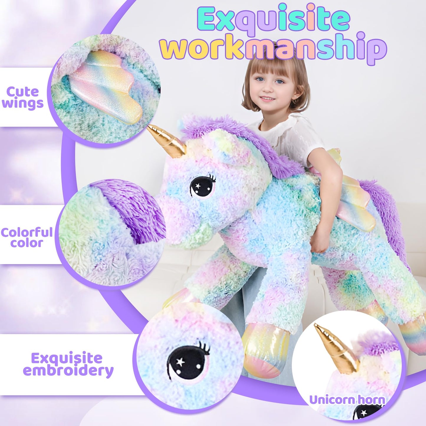 FFxiong 44 Inch Giant Rose Rainbow Unicorn Stuffed Animal Plush Toy with Wings Soft Cute Large Unicorn Plushies Animals Body Pillow Gift for Children Boy Girl Kids Birthday Valentine Room Decorations
