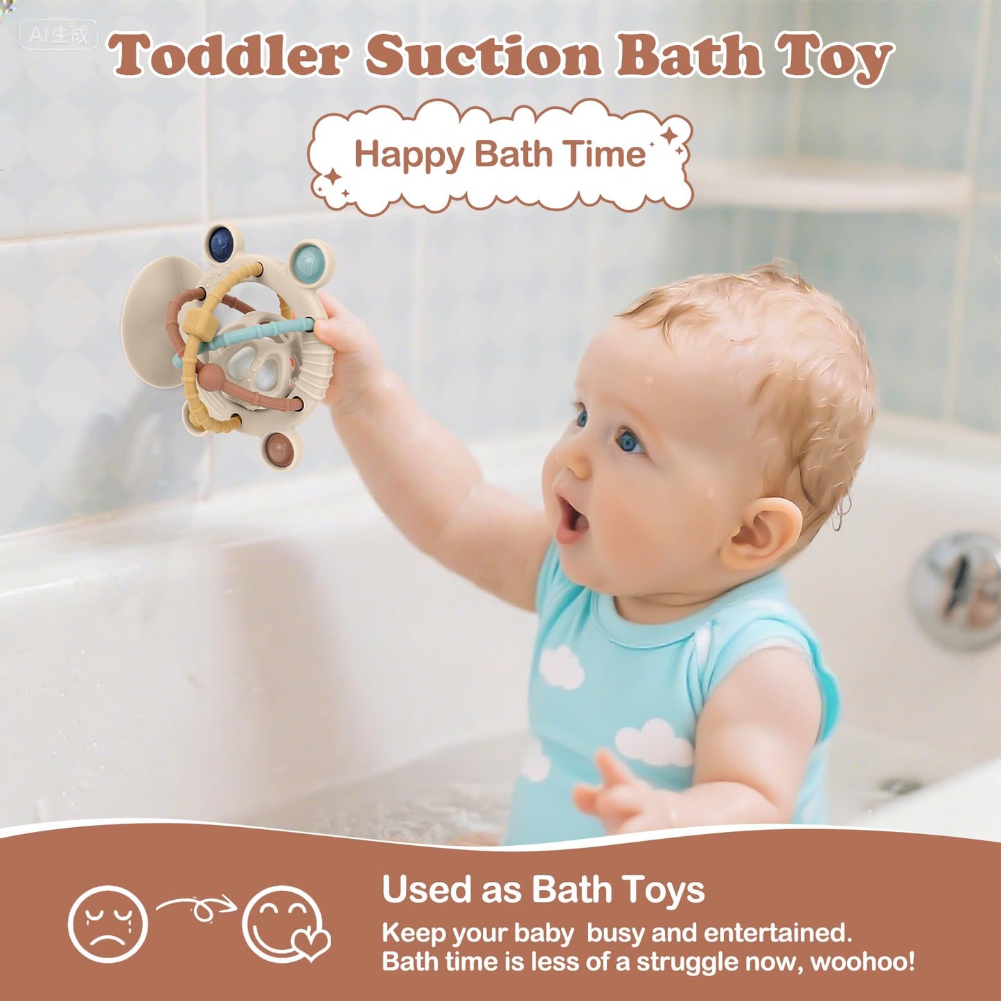 TYRY.HU Silicone Baby Teething Toys for Babies 0-6 6-12 Months, Multi Purpose High Chair Toys with Suction Cup, Baby Suction Table Toys, Montessori Sensory Toys with Rattle for Teething Relief, Khaki