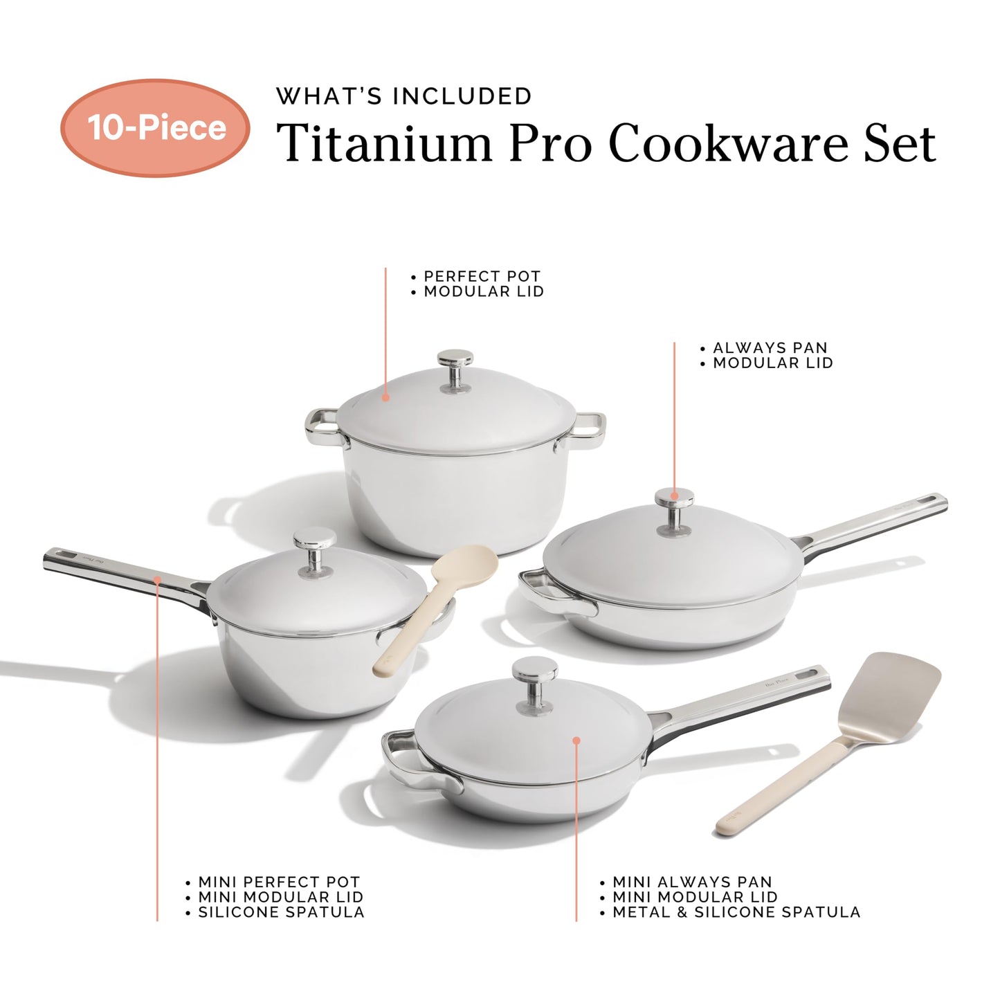Our Place Titanium Pro Cookware Set | 10-Piece Pots and Pans Set with Always Pan Pro, Perfect Pot Pro & Minis | Non-Toxic No-Coating Nonstick | Induction & Oven-Safe up to 1000°F | Chrome