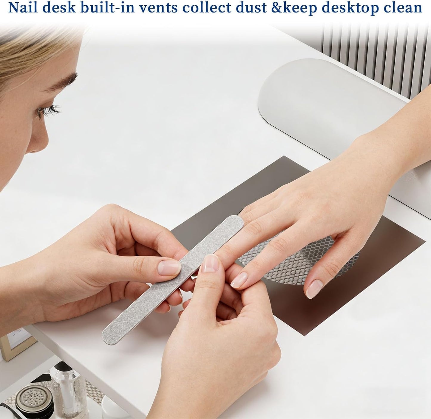 Annzoe Professional Nail Tech Desk – Nail Table for Nail Tech with Electric Dust Collector, 3 Drawers, Storage Cabinets & Shelves, White Manicure Station
