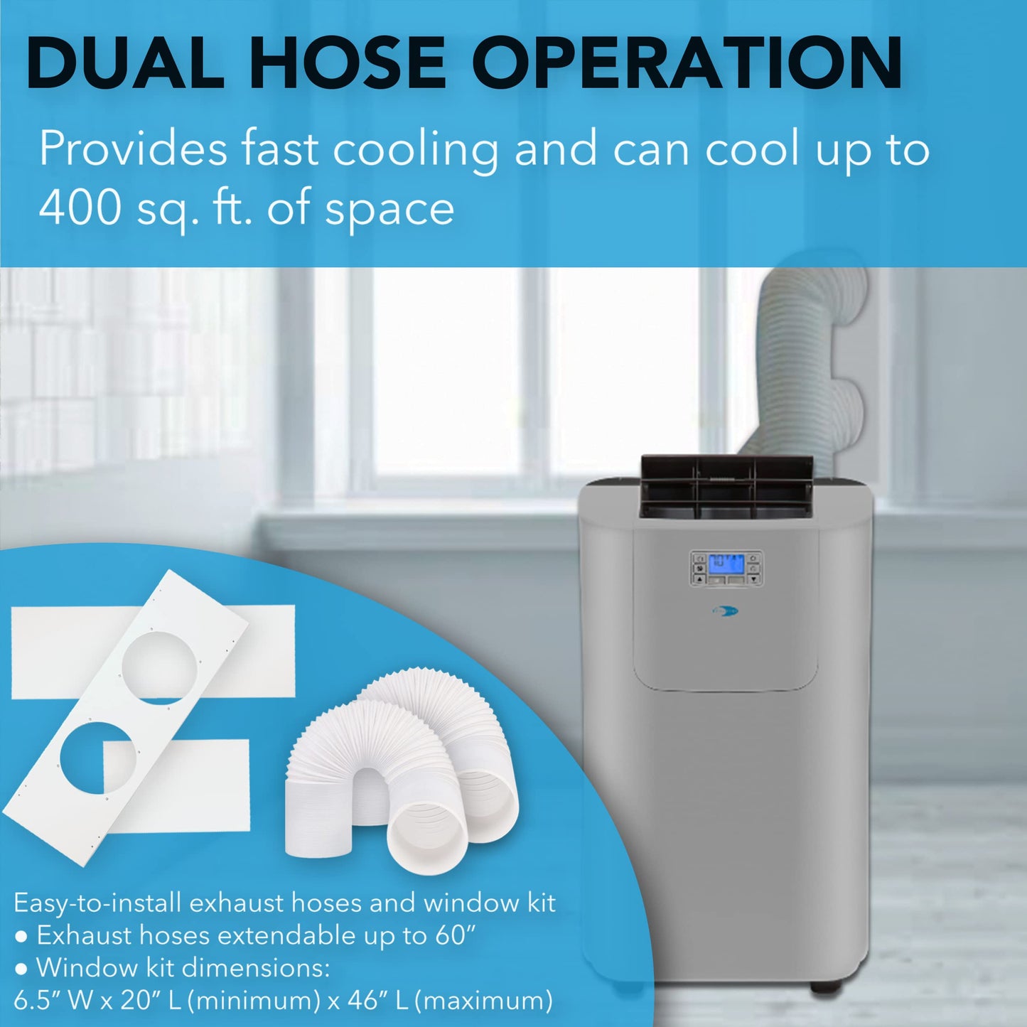 Whynter Portable Air Conditioner 12,000 BTU with Dual Hose Dehumidifier & Cooling Fan for 400 Sq Ft Rooms, Includes AC Unit Window Kit Elite ARC-122DS (7,000 SACC), Silver