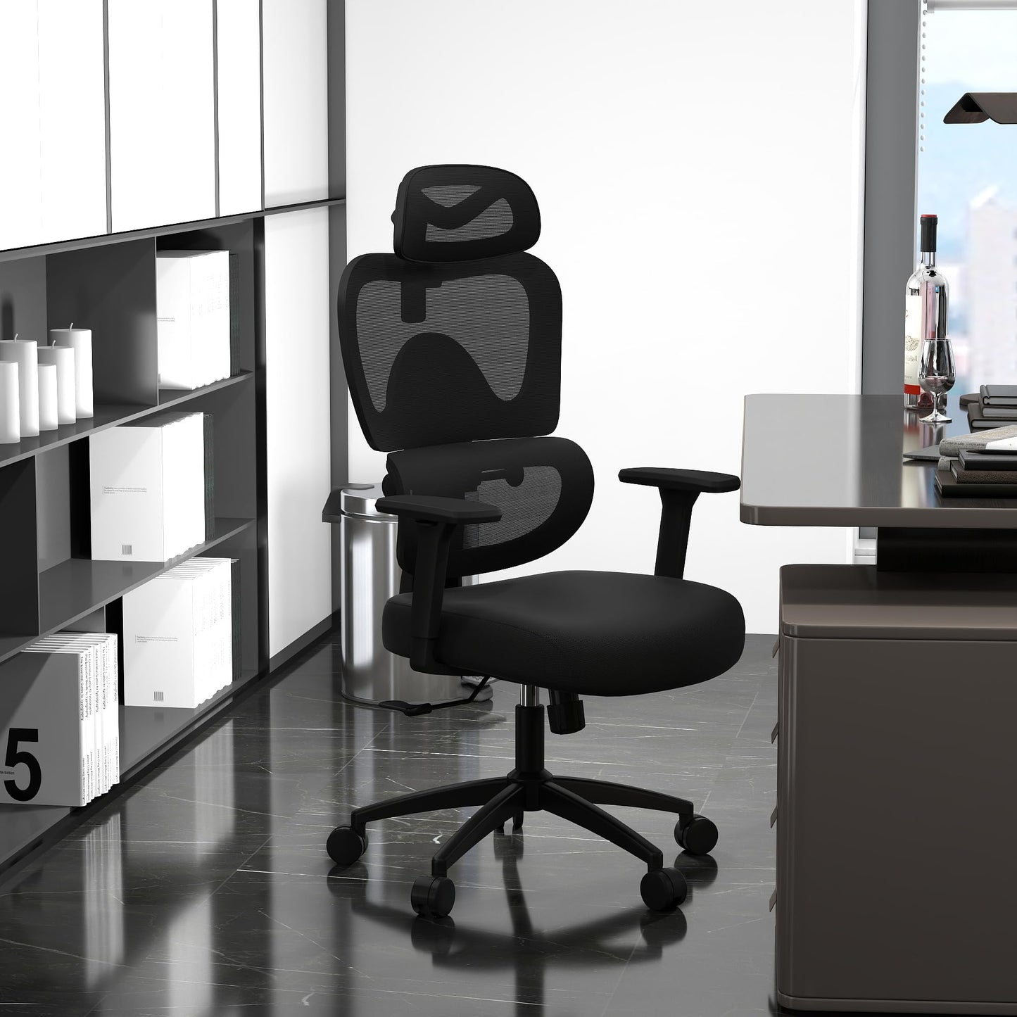 Ergonomic Office Chair with Adjustable Lumbar Support, 3D Arms and Headrest, High Back Wide Desk Computer Chair with Wheels, for Home & Office, Black
