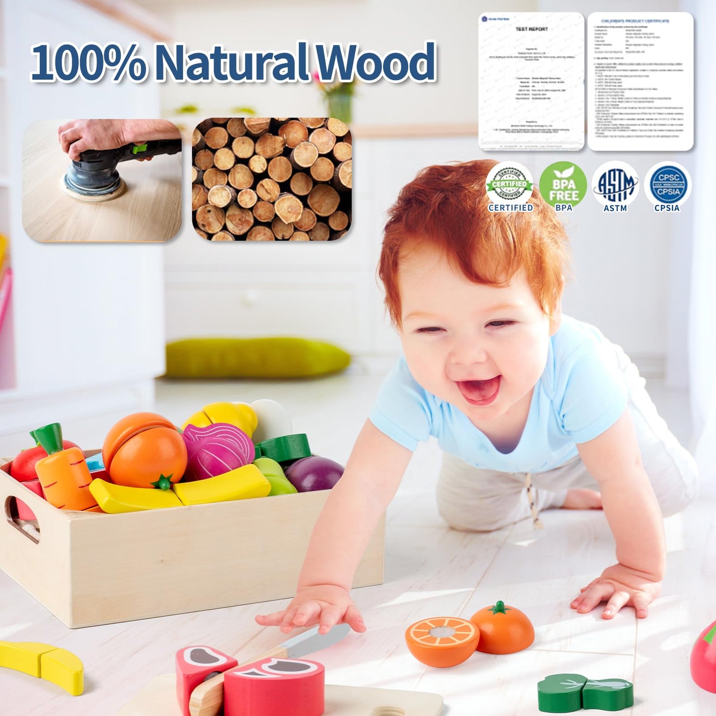32 Pcs Wooden Play Food Sets for Kids Kitchen Accessories, Montessori Educational Toys Food, Pretend Play Food for Toddlers, Velcro Fruits and Vegetables Cutting Set for Kids Boys Girls