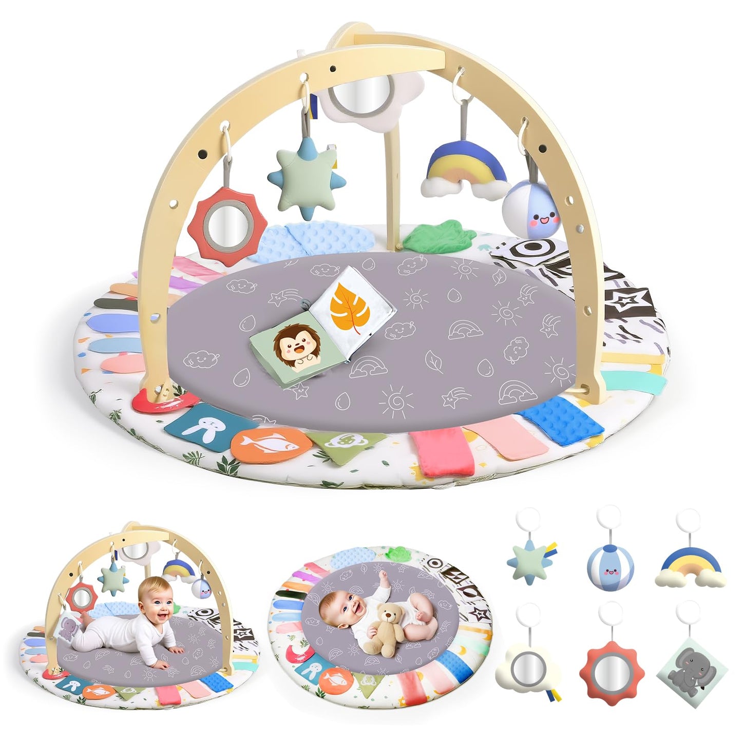 Baby Play Gym Activity Mat, WOOD CITY Tummy Time Play Mat for Babies 0-6 Months with 6 Detachable Newborn Infant Toys, Promote Motor Skills & Sensory Development Baby Essentials Gift
