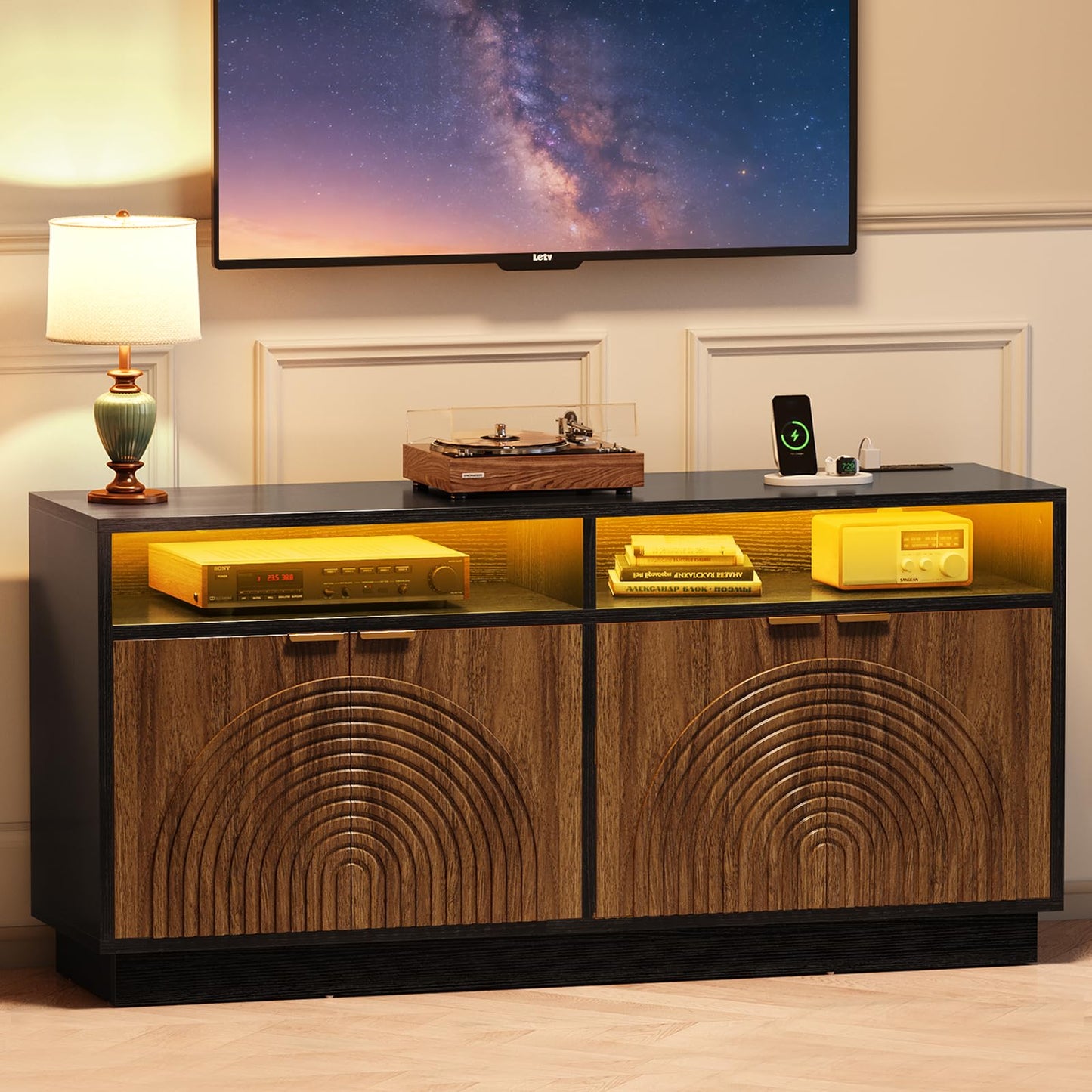 Curlaky Fluted TV Stand with Power Outlet - 58" TV Stands for Living Room, Mid Century Entertainment Center with Storage Cabinets & Adjustable Shelf, LED Modern Media Console for TVs Up to 70", Black