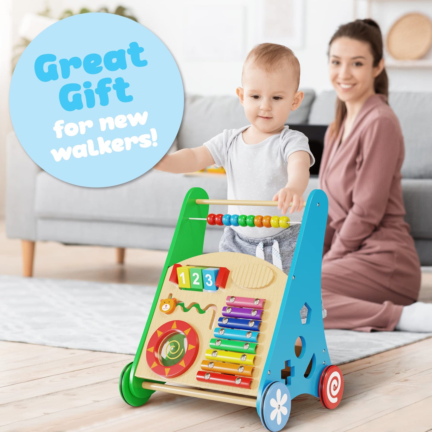 Wooden Baby Walker with Activity Center for Toddler Boys & Girls - Montessori Baby Push Walker Toy with Adjustable Speed - Baby Walker with Wheels for Kids Development by KIDDERY TOYS
