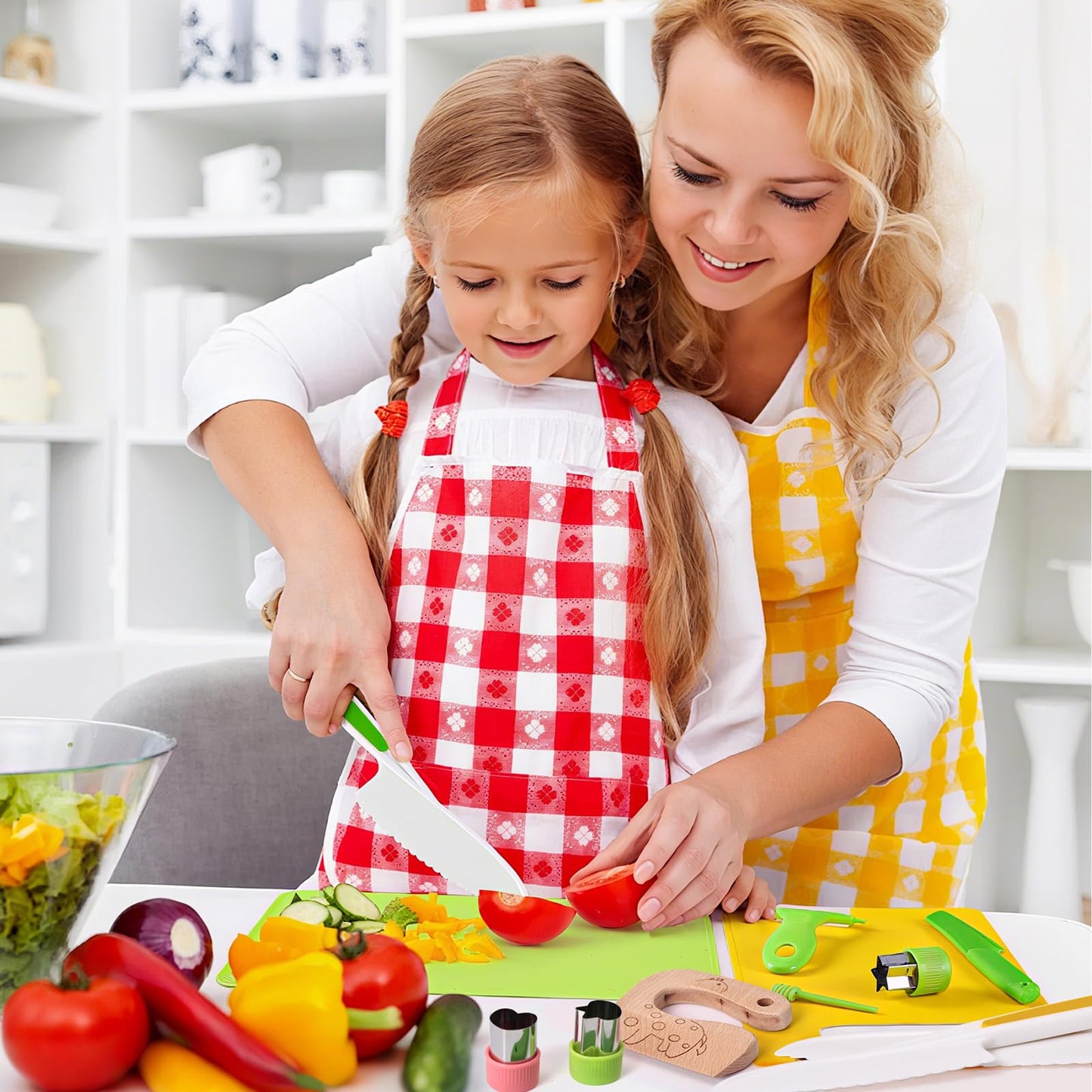 46 PCS Kids Knife Set, Toddler Knifes for Real Cooking, Montessori Kitchen Toys with Cutting Board Crinkle Cutters Kid Safe Knives, Birthday Xmas Gift for Girls Boys