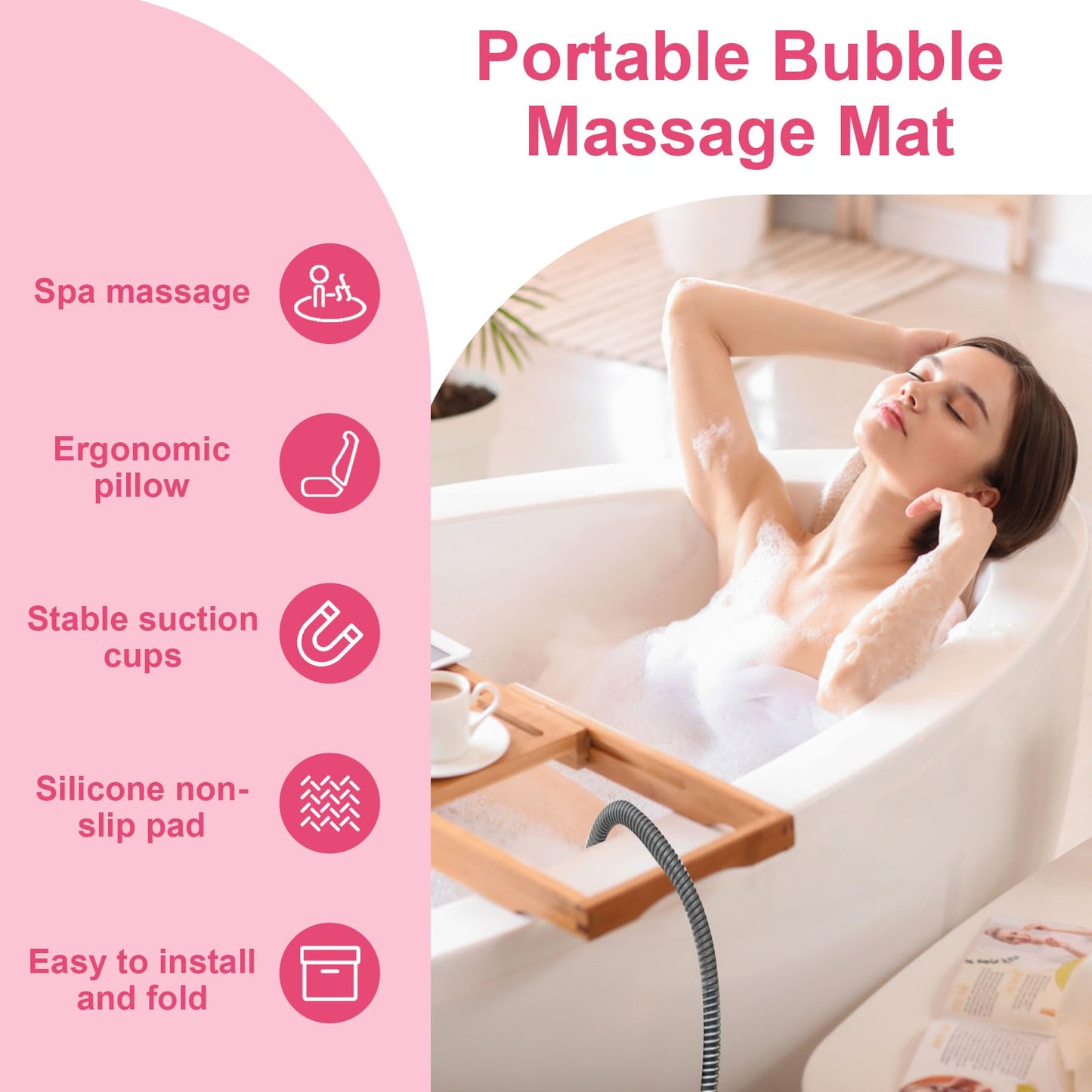 Portable Spa Bubble Bath Massager - Bubble Massage Bath Mat for Bathtub,74 Air Jets with Remote Control, 6 Speed Settings & Non-Slip Suction Cups, Includes Inflatable Pillow for Spa Relaxation (Pink)