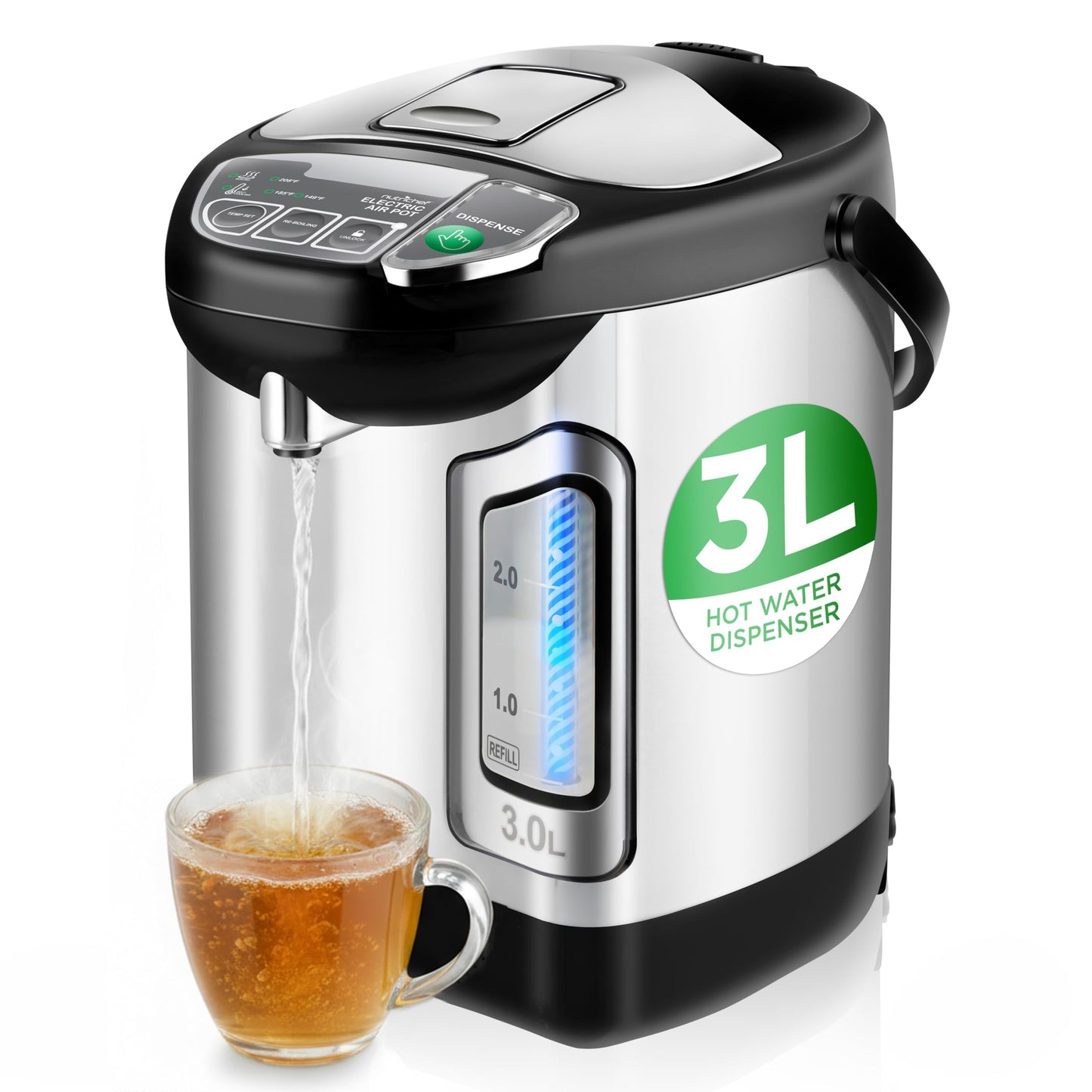 NutriChefKitchen Electric Water Boiler and Warmer - 3L/3.17 Qt Stainless Steel Electric Hot Water Dispenser w/Rotating Base, Auto Shut Off, Safety Lock, Instant Heating for Coffee & Tea (NCHUB13)