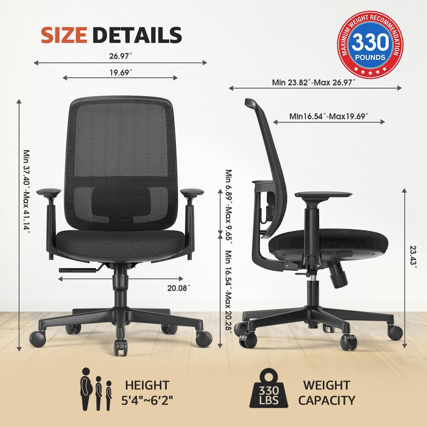 ErgoSift Office Chair Ergonomic Desk Chair,Home Mesh Chairs with Adjustable Lumbar Support, Comfortable Computer Gaming Chair, Office Chair for Long Hours (Black)