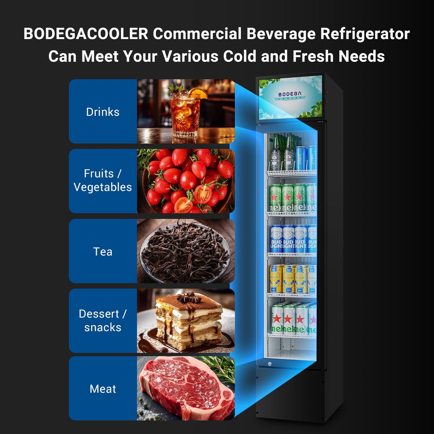 BODEGACOOLER Commercial Merchandiser Refrigerator, Glass Door Commercial Beverage Refrigerator, Beverage Display Cooler with Soft LED Light and Adjustable Shelves, 5.7 Cu. Ft. Single Swing Door, Black