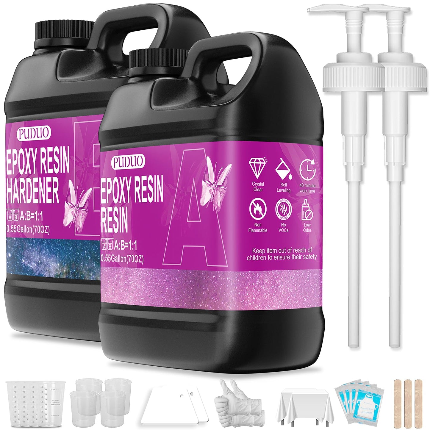 Epoxy Resin Crystal Clear Kit for Art, Jewelry, Crafts, Coating- 16 OZ Including 8OZ Resin and 8OZ Hardener | Bonus 4 pcs Measuring Cups, 3pcs Sticks, 1 Pair Rubber Gloves by Puduo