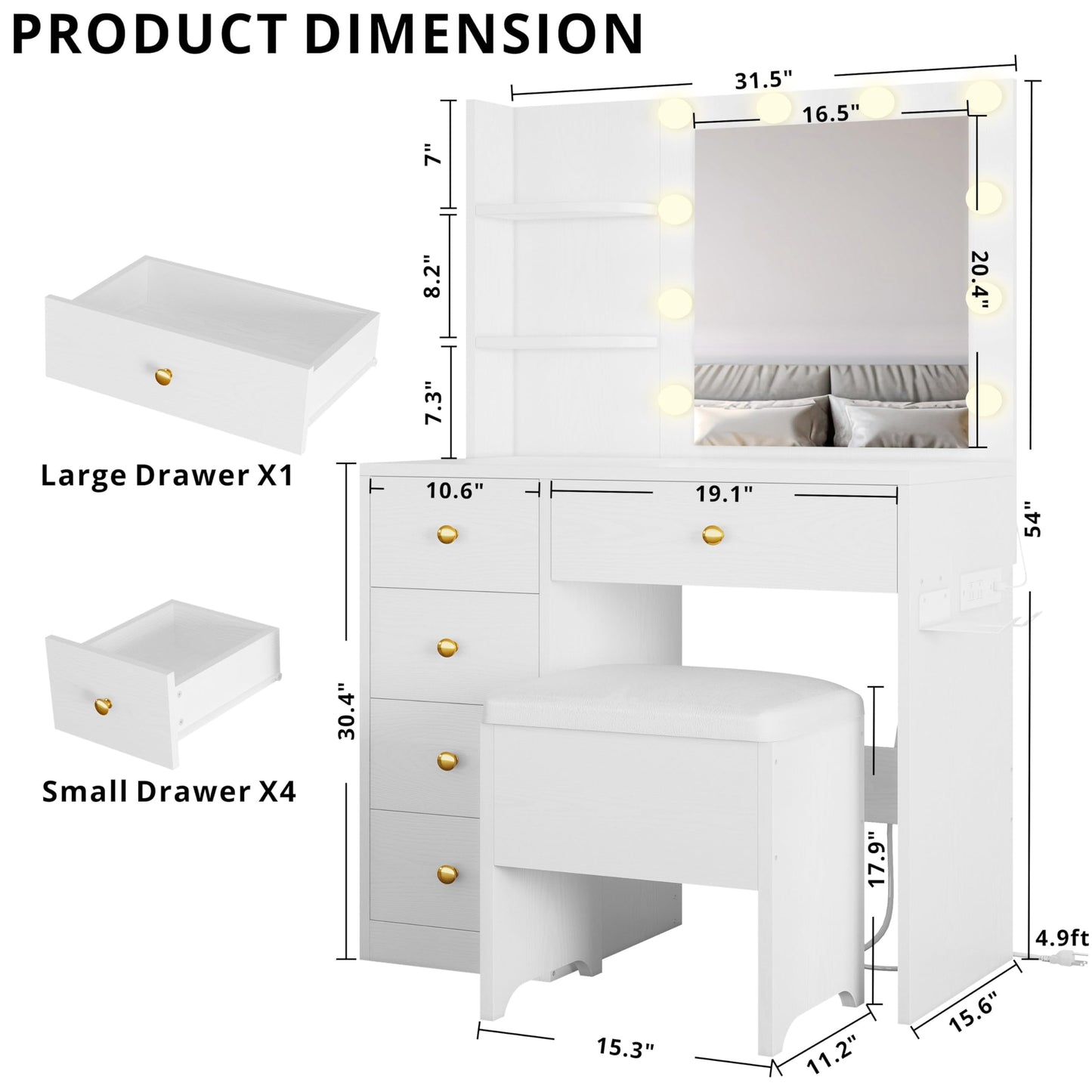 IRONCK Vanity Desk with Mirror and Lights, Small Makeup Vanity Table with 5 Drawers, Power Outlet, and Vanity Stool, 3 Lighting Colors, Dressing Table for Women Girls Bedroom, White