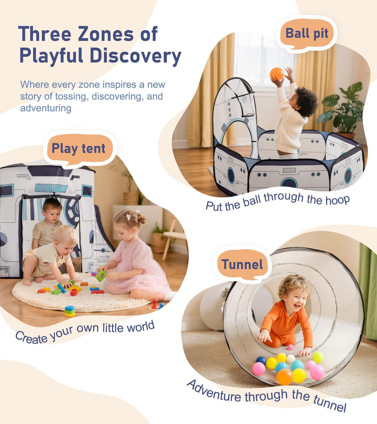 3PC Kids Play Tent with Tunnel and Ball Pit, Pop up Play Tents for Toddlers, Rocket Ship Playhouse for Indoor & Outdoor Use, Boys Spaceship Tent Set with Carry Bag, Ideal Gifts for Kids