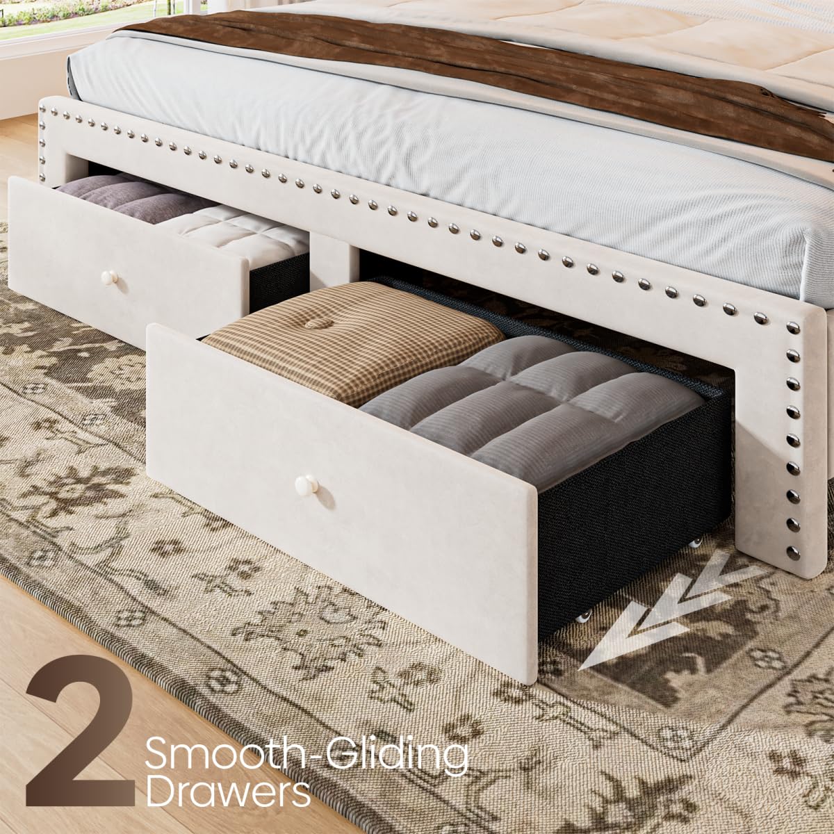 Otevehde Queen Bed Frame with 2 Storage Drawers, Velvet Upholstered Platform Bed Frame Queen Size with Charging Station, Noise-Free, Wooden Slats Support, Easy Assembly, White