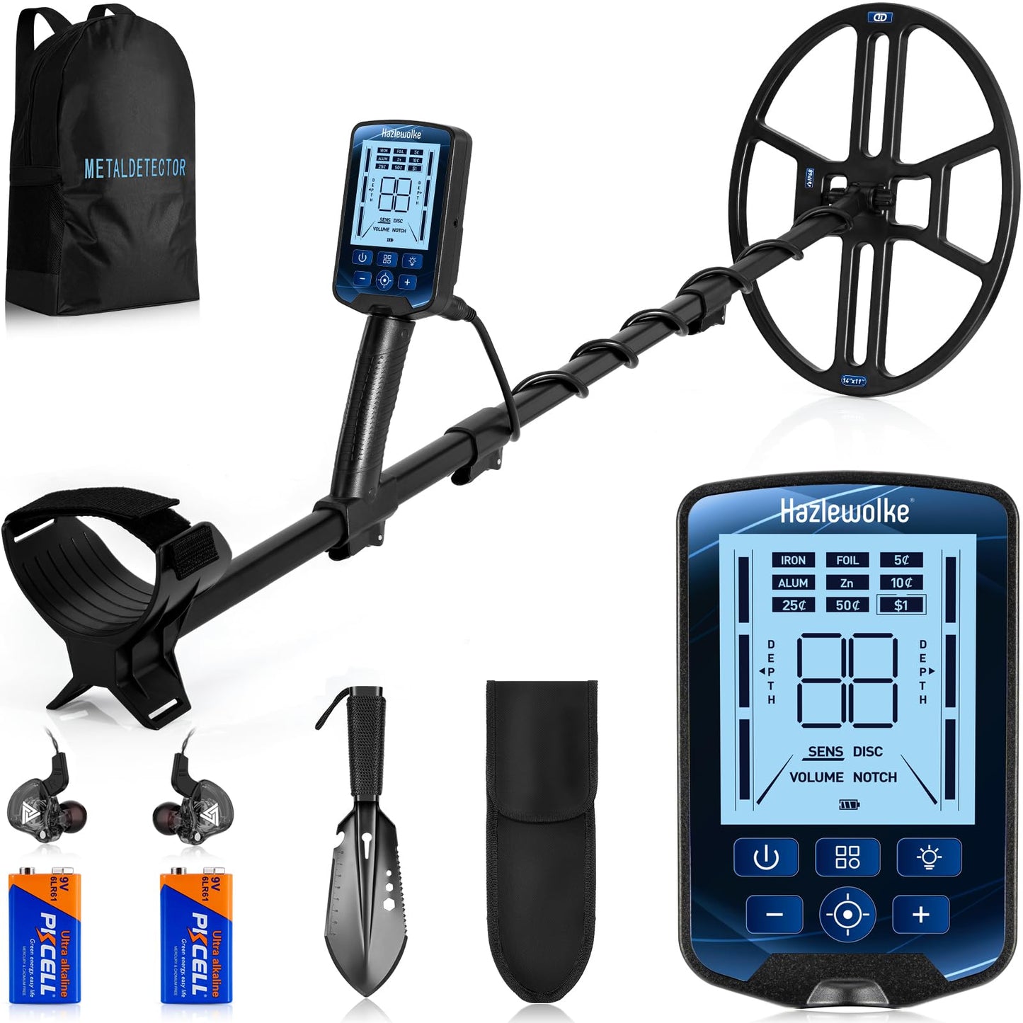 Hazlewolke 14'' Metal Detectors for Adults, Waterproof Double-D Search Coil, Professional Metal Detector with Pinpoint Mode, 13 inch Detection Depth, 4 Modes