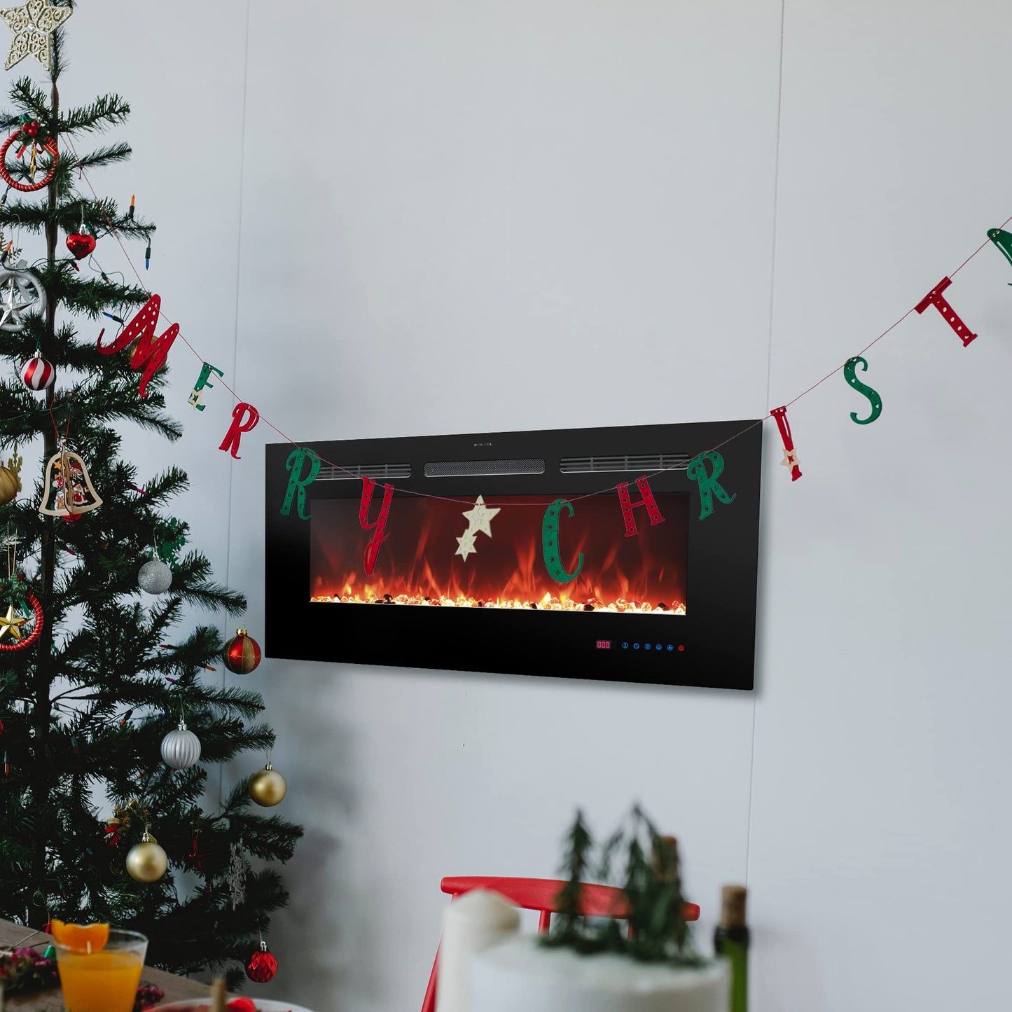 Oxhark Flame Electric Fireplace 42 inch Wide, Wall Mounted Fireplace Inserts Electric Heater, 13 * 13 Flame Effects Like Real Flame, Low Noise, Timer & Thermostat Setting, 750W/1500W, Black