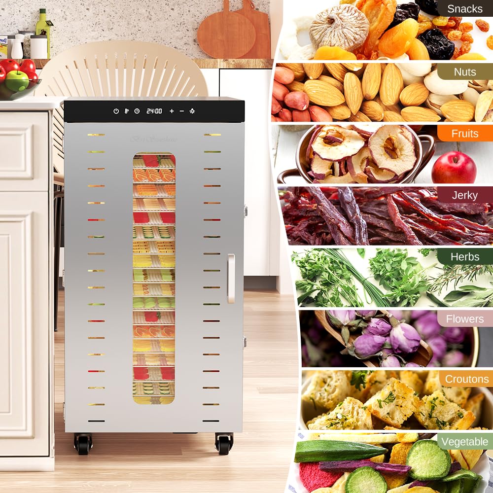 BriSunshine 20-Tray Commercial Food Dehydrator Machine, 24H Timer, 1600W Large Stainless Steel Dehydrators Dryer for Meat Jerky, Dog Treats, Fruits