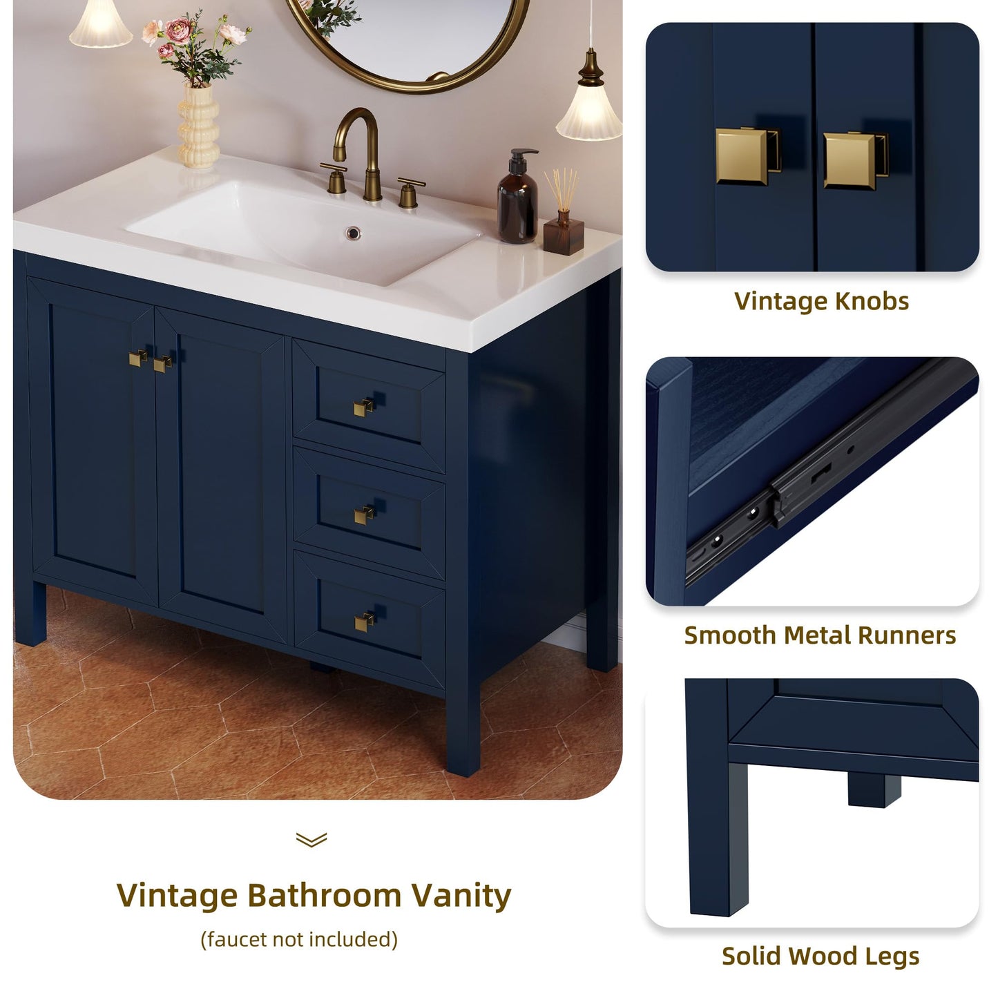 DWVO 42 Inch Bathroom Vanity with Sink Combo, Modern Bathroom Storage Cabinet with Resin Basin, Three Holes, 2 Doors & 3 Drawers, Navy Blue