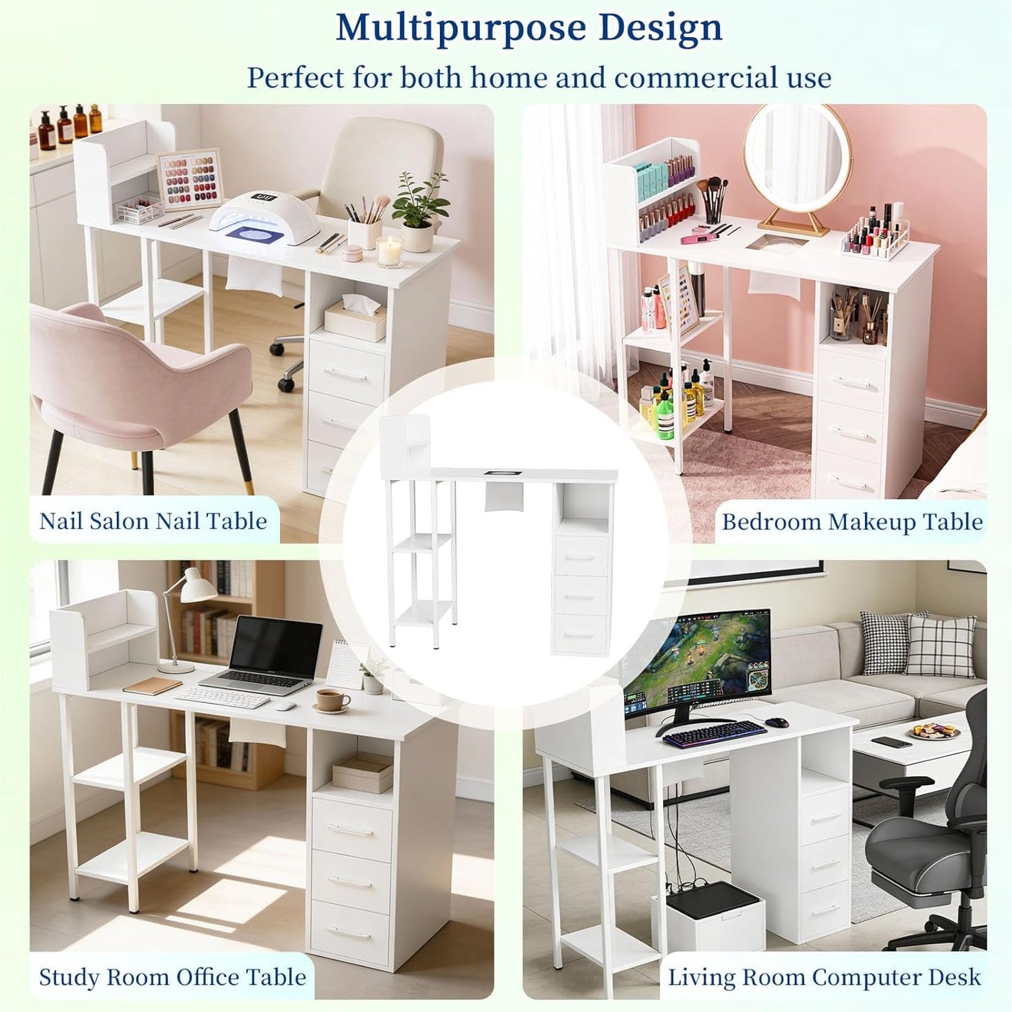 Annzoe Professional Nail Tech Desk – Nail Table for Nail Tech with Electric Dust Collector, 3 Drawers, Storage Cabinets & Shelves, White Manicure Station