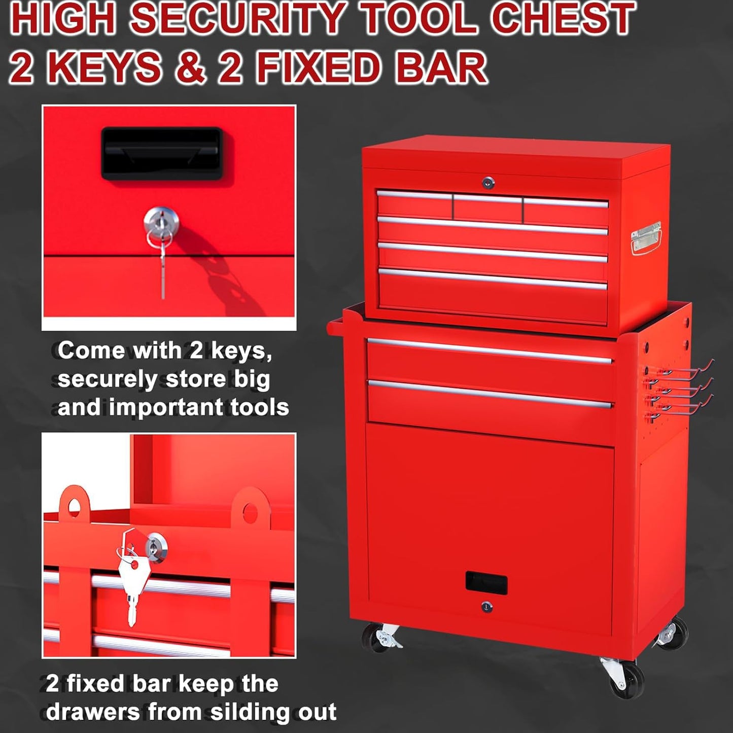 Clickoods 8-Drawer Rolling Tool Chest with Detachable Top Tool Box, Lockable Metal Tool Cabinet, and Liner, Heavy-Duty Storage Organizer with Wheels and 6 Hooks for Garage, Workshop, Red