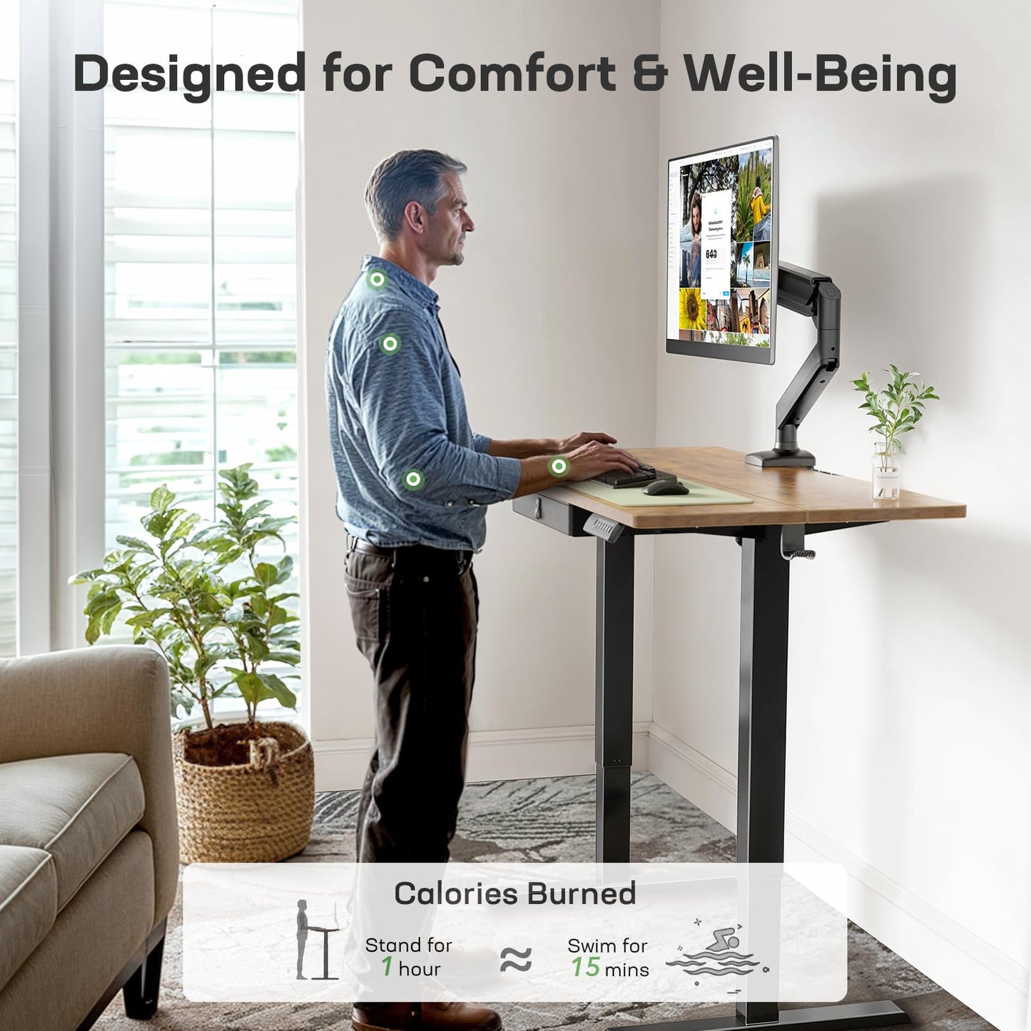 Marsail 48x24 Electric Standing Desk with Drawer, Computer Desk, Sit Stand Office Table with Storage & Hooks & Cable Management, Ergonomic Height Adjustable Table for Home Office, Brown