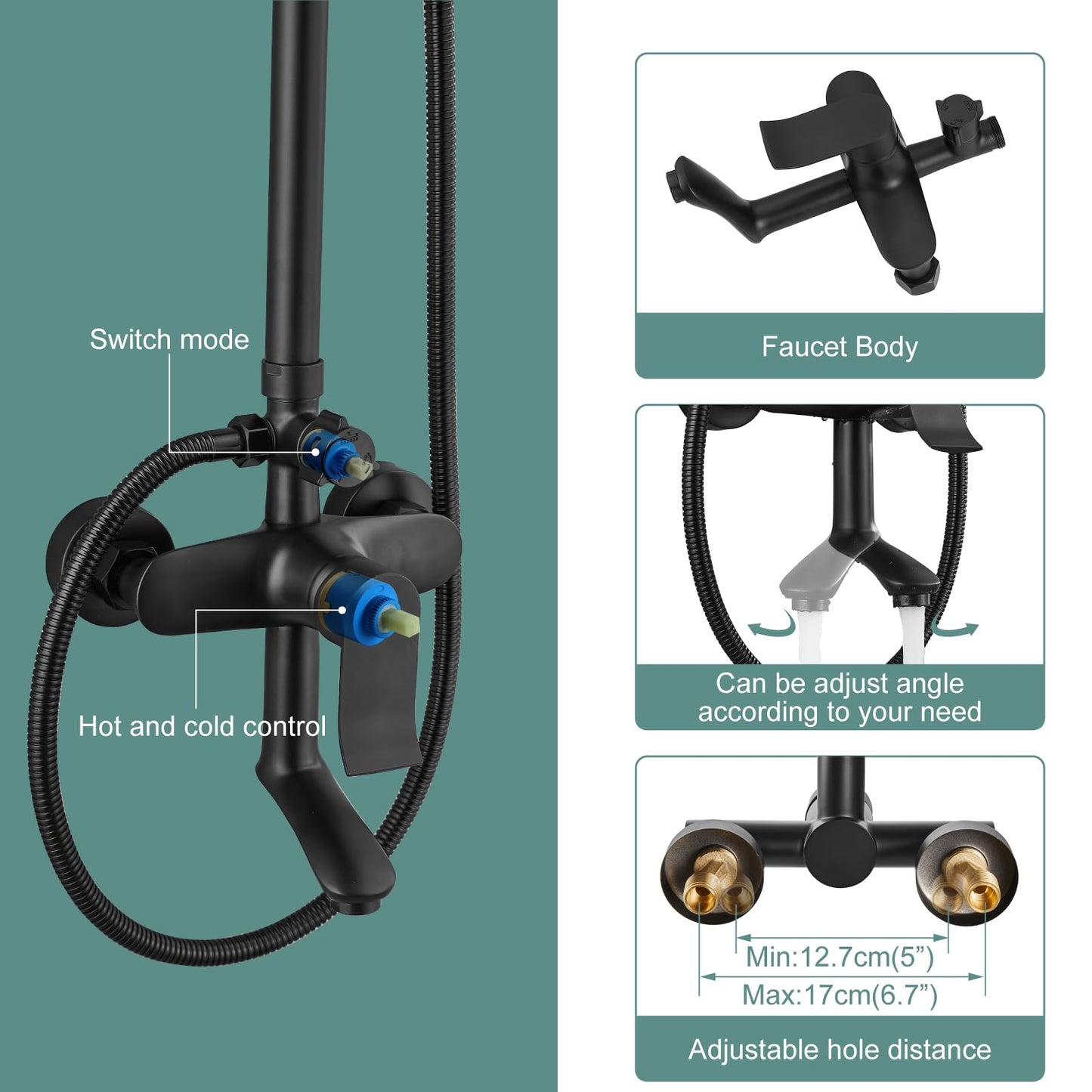 Heyalan Matte Black Rain Shower System Set,Exposed Shower System 3 Functions Bathroom Shower Faucet 8 Inch Swivel Rainfall Shower Head Handheld Complete Set Tub Spout Wall Mount