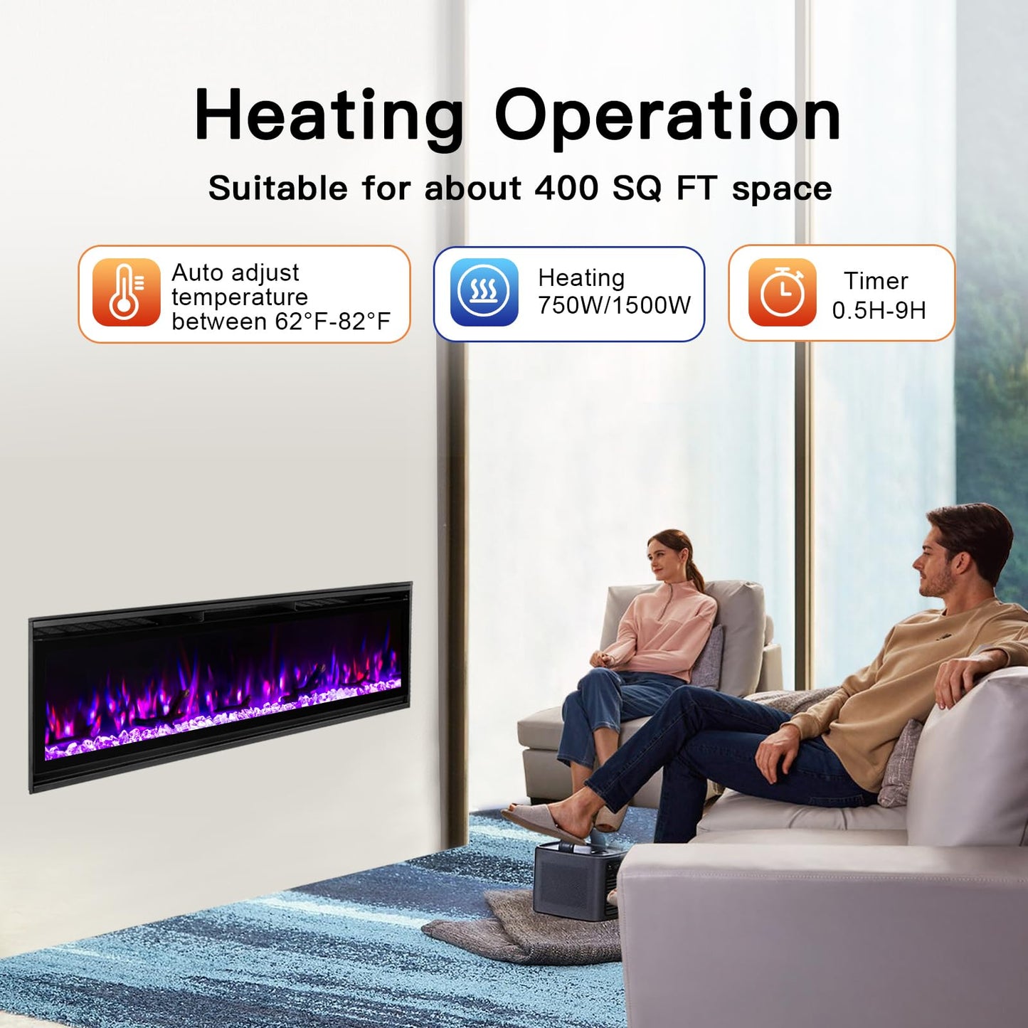 60 Insert Electric Fireplace, Fully Recessed or Wall Mounted, 4 Flame Colors, 4 Brightness Levels, Crystals,Log, Remote Control, 750-1500W.