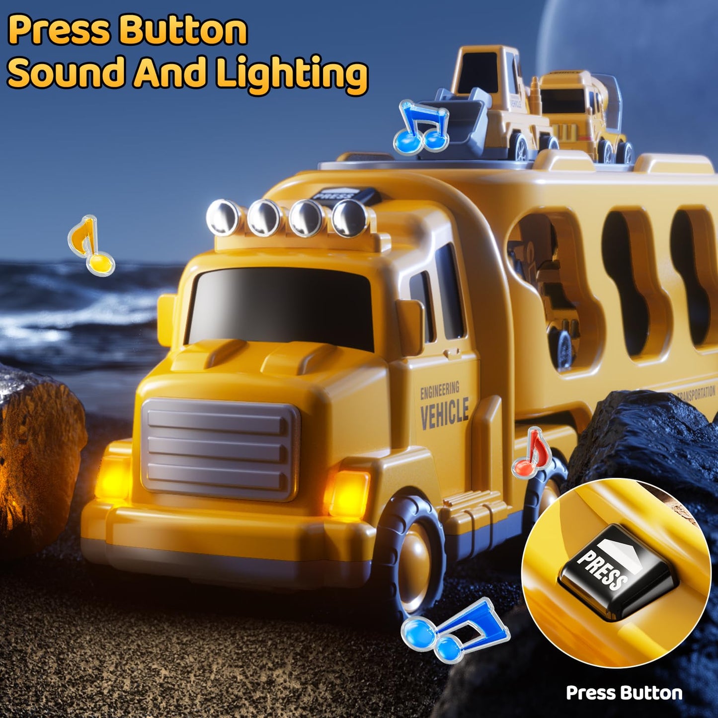 DULONIME Construction Truck Toys Set for Kids Aged 1 2 3 4 5 6 7 8, Truck Playset with Toy Car, Light and Sound, Movable Parts Construction Toys for Toddlers, Birthday Gifts for Boys Girls 2-4 4-7