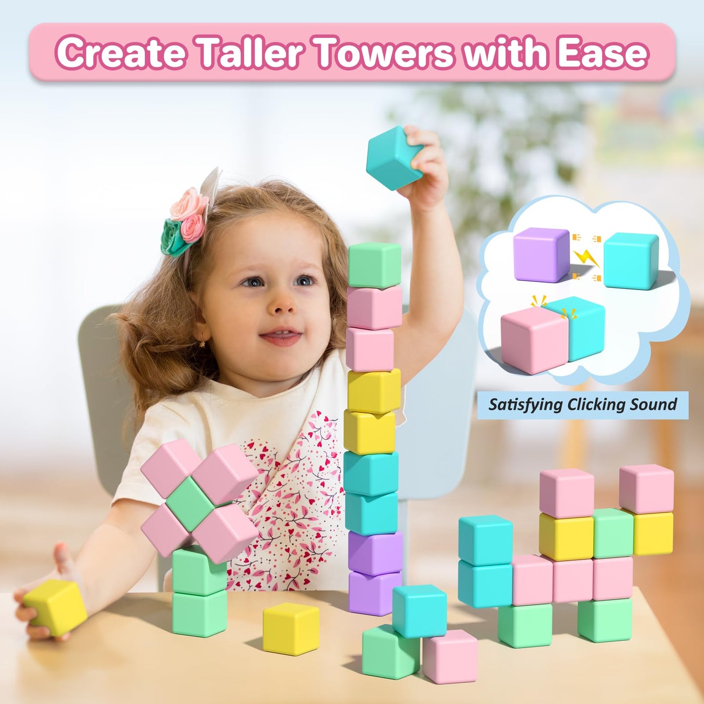 Asago Magnetic Blocks for Toddlers, 1.34in Macaron Magnetic Building Cubes for Kids Ages 1-3, Stem Preschool Stack Construction Educational Toys for 3+ Years Old Boys Girls
