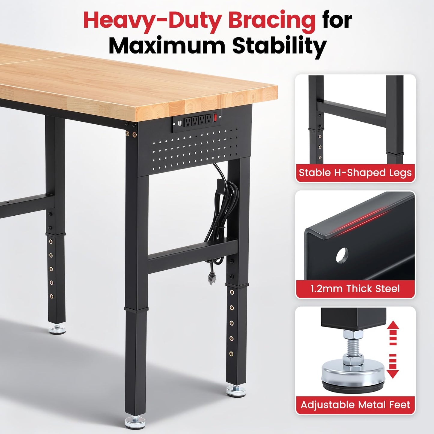 ENJOYWOOD Workbench 72 x 24 Inch Heavy Duty Adjustable Height Work Table with Power Outlets & Extended Pegboard 5000 lbs Load Capacity for Garage, Workshop, Home, Office